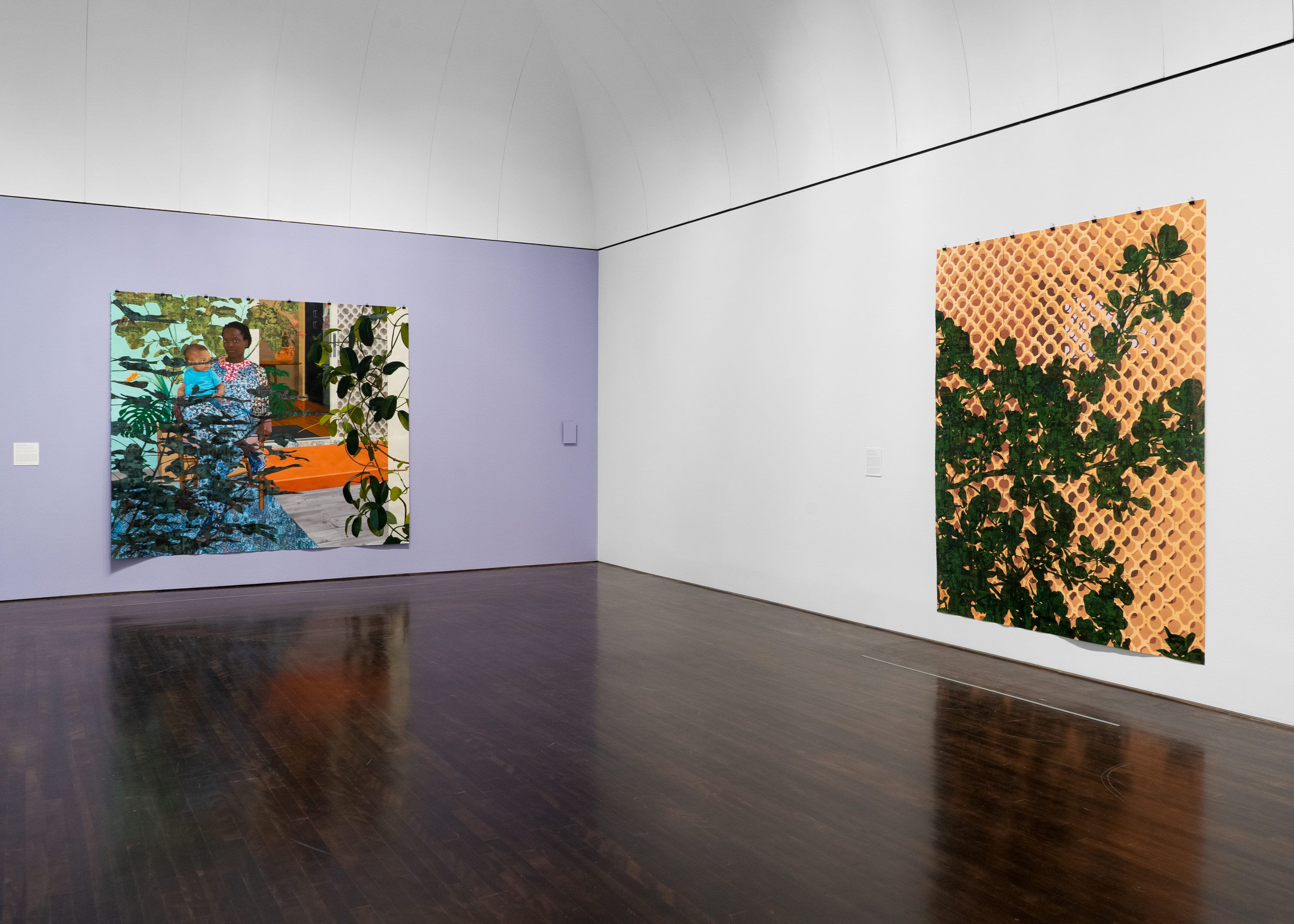 Installation view, Njideka Akunyili Crosby, Blanton Museum of Art, Austin, 2022. Courtesy Blanton Museum of Art, The University of Texas at Austin