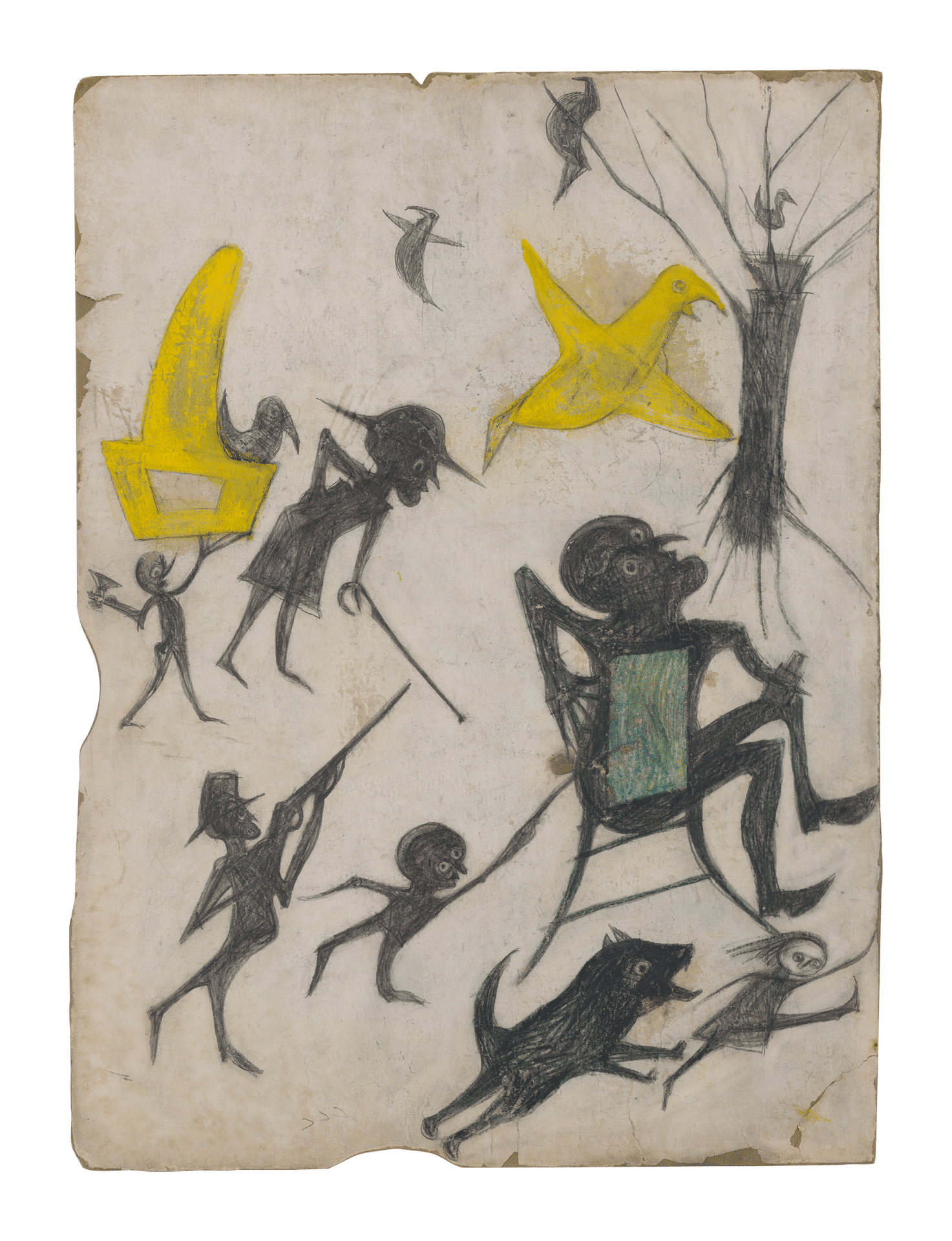 A mixed media work on cardboard by Bill Traylor, titled Exciting Event (Man on Chair, Man with Rifle, Dog Chasing Girl, Yellow Bird and Other Figures), 1939 to 1942.