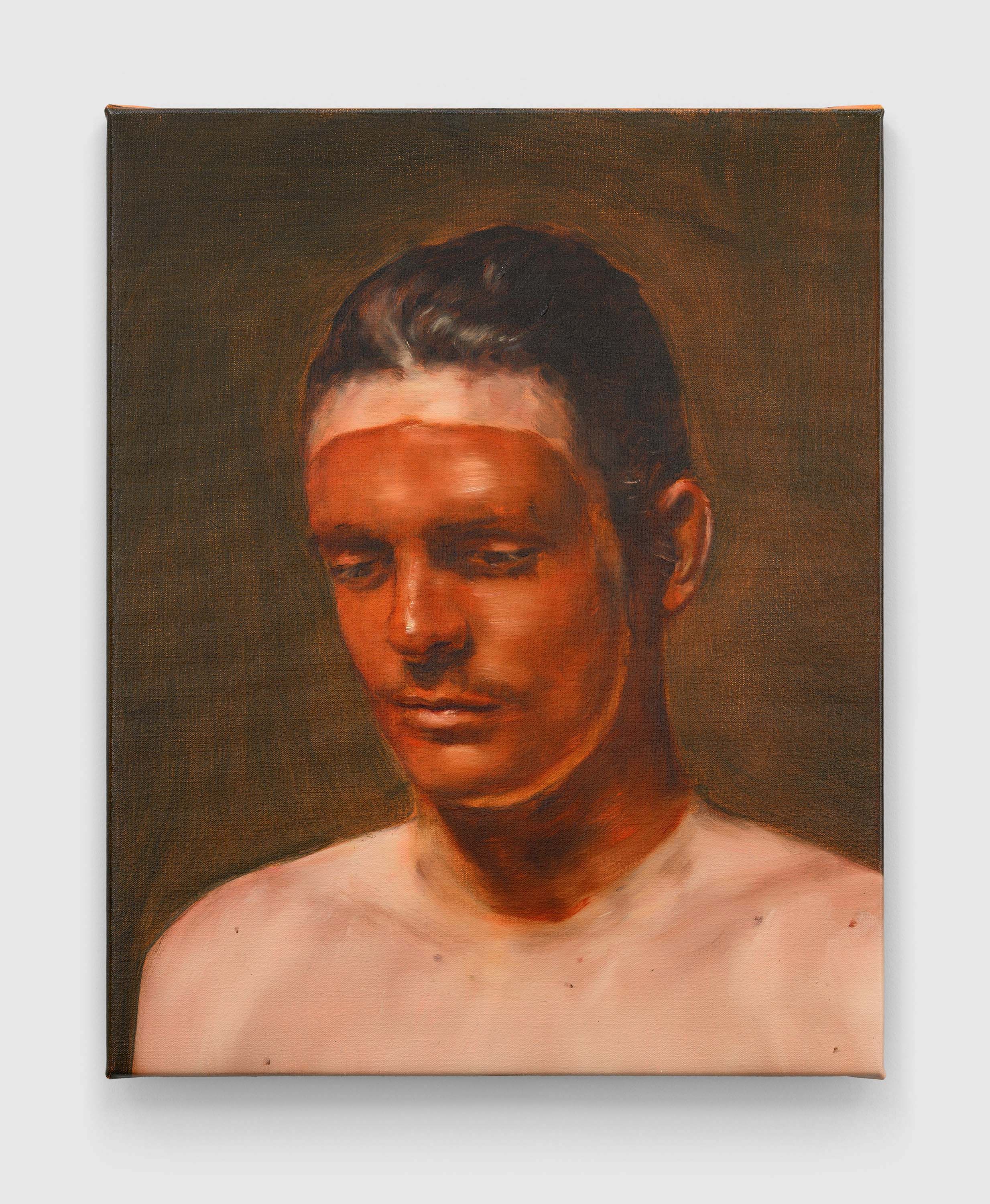 A painting by Michaël Borremans, titled The Racer, dated 2022.