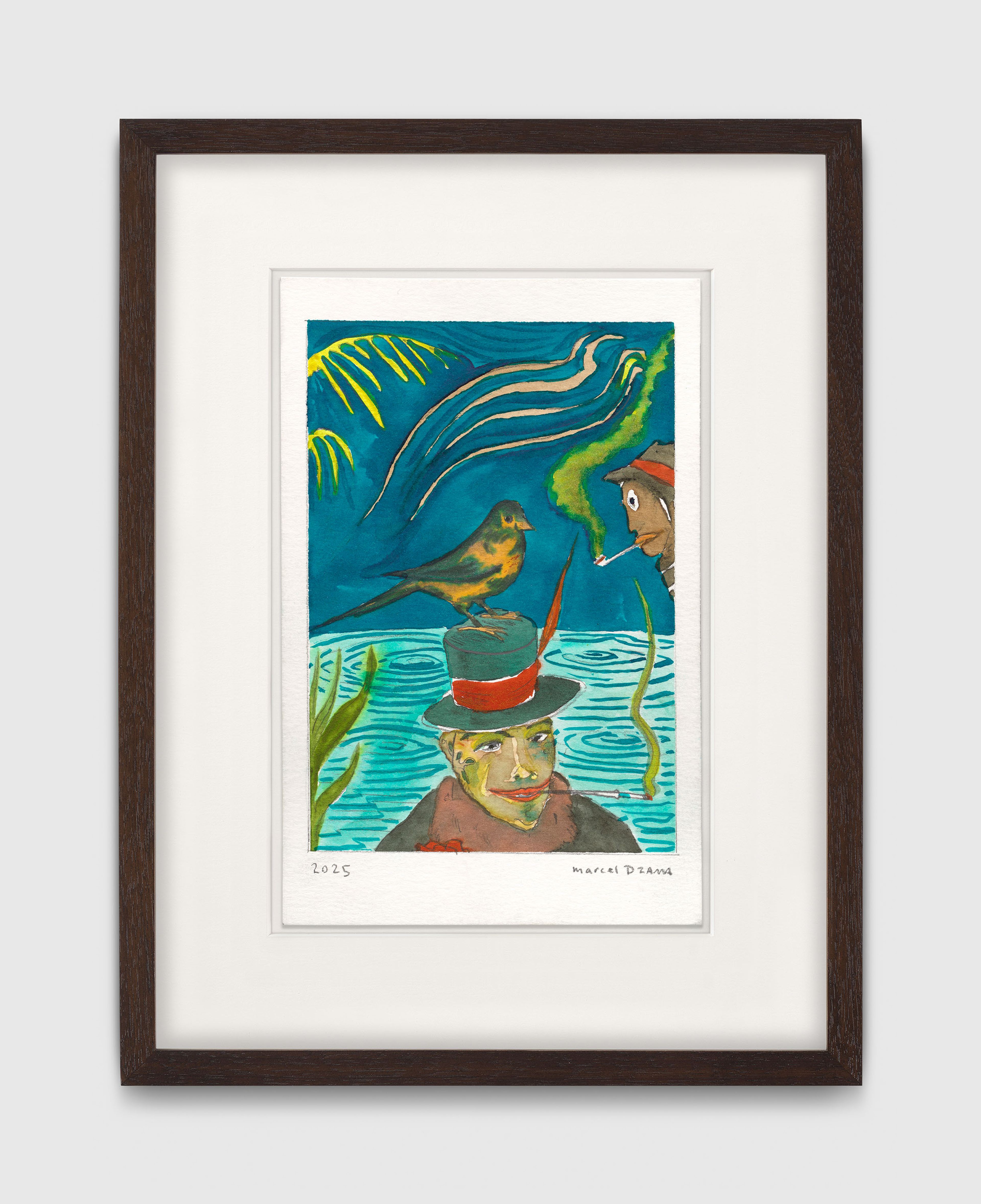 A work on paper by Marcel Dzama, titled Like a bird on your hat, dated 2025.