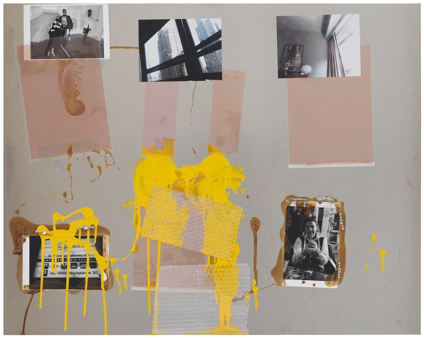 An untitled acrylic lacquer, c-print, bubble wrap, plastic foil, jewellery, and thread on aluminium panel work by Isa Genzken, dated 2018.