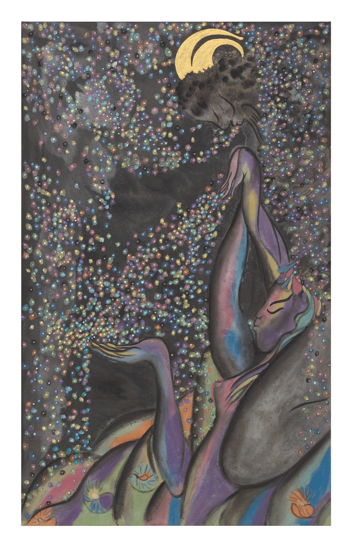 A painting by Chris Ofili, titled Satyr and Selkie 1, dated 2020.