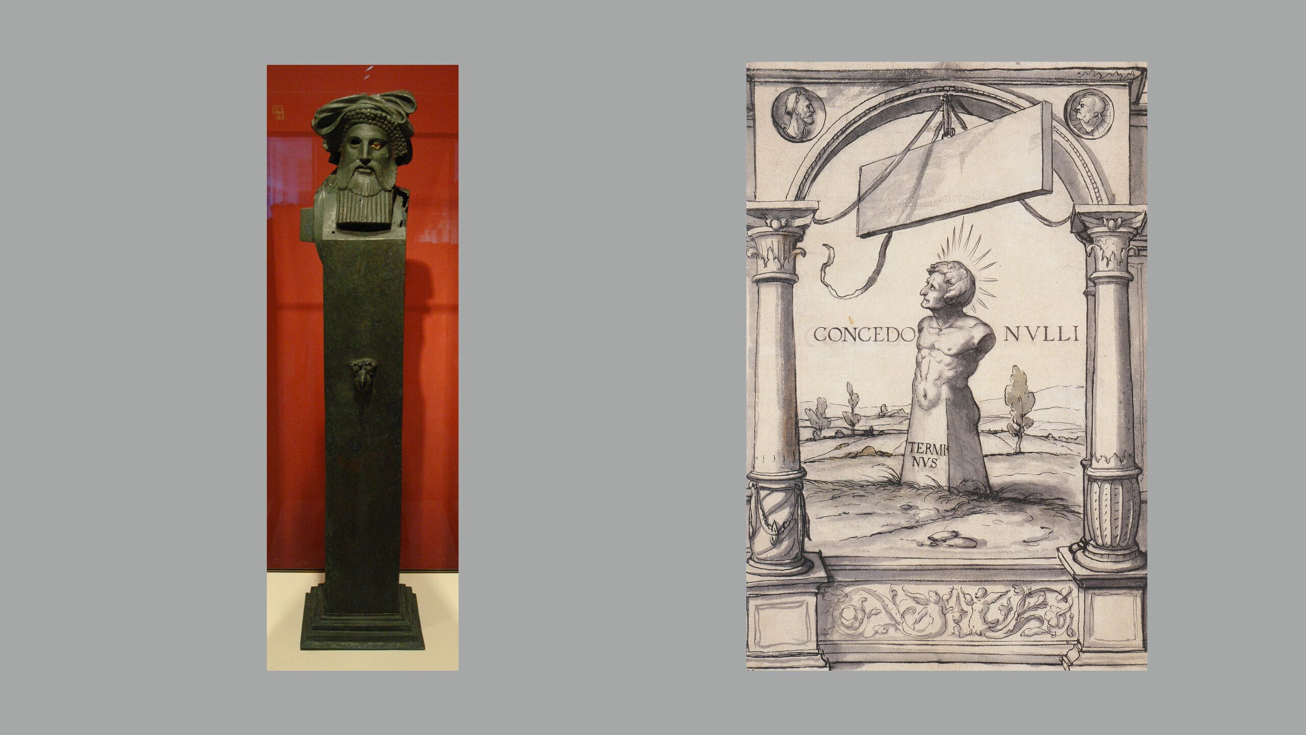 Left: Herm of Dionysos, 200–100BC, front view. Malibu, J. Paul Getty Museum, Villa Collection, inv. 79.AB.138; Right: Design for a Stained Glass Window with Terminus, dated 1525