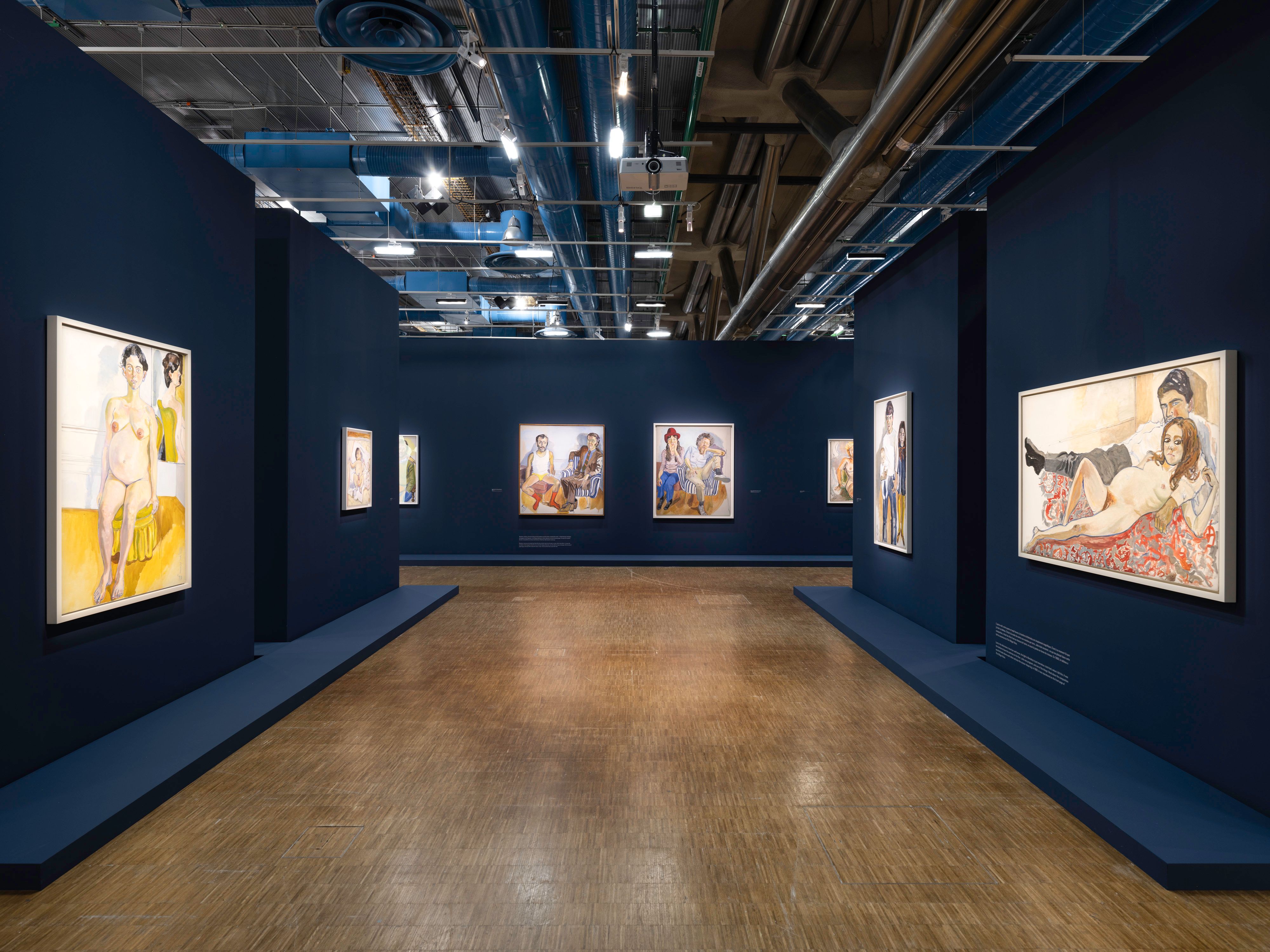 An installation view of an exhibition titled, Alice Neel: An Engaged Eye, at the Centre Pompidou, Paris, in 2022.