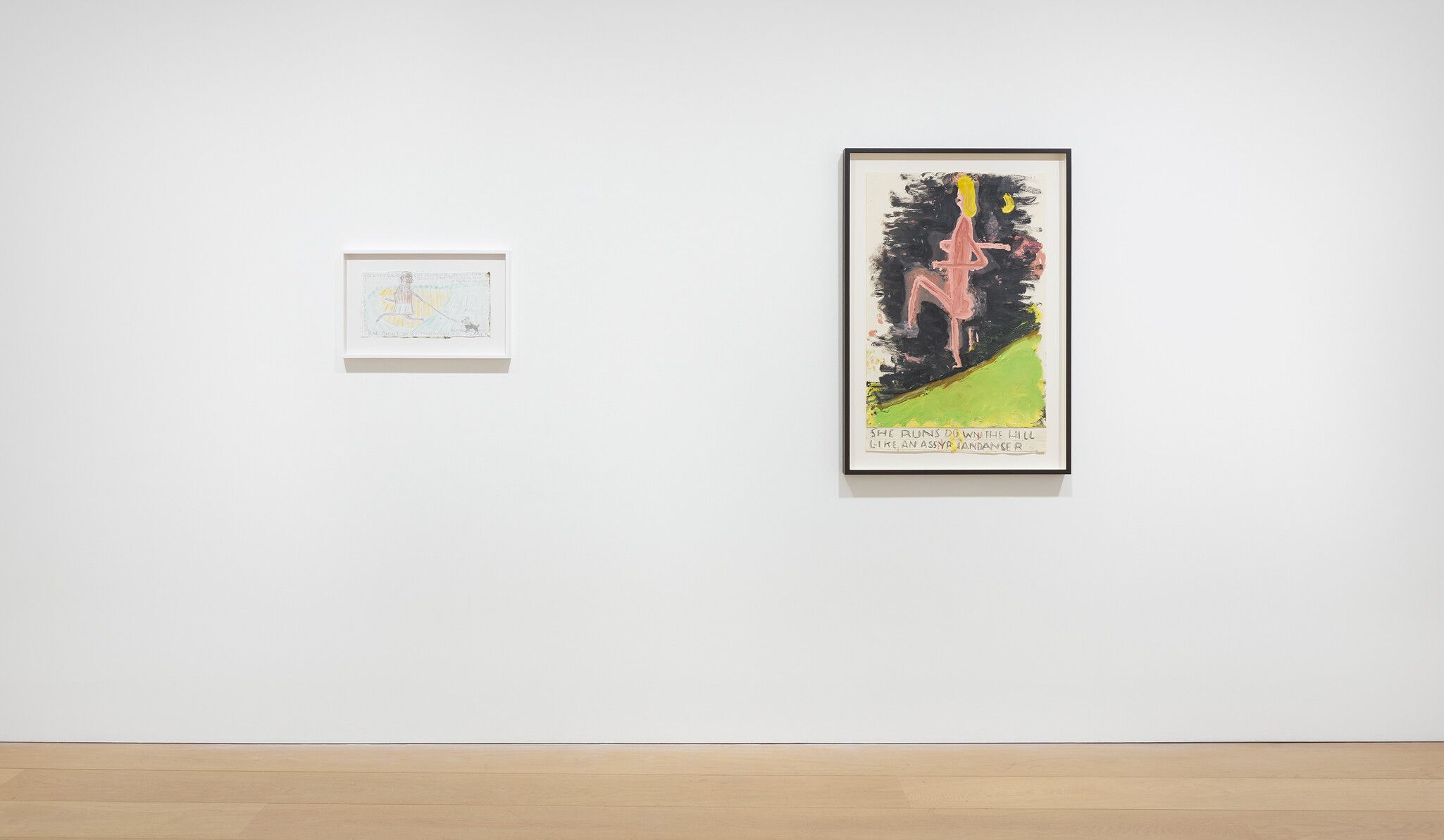 Installation view of She Runs Down the Hill like an Assyrian Dancer and She Runs Down the Hill with Moon