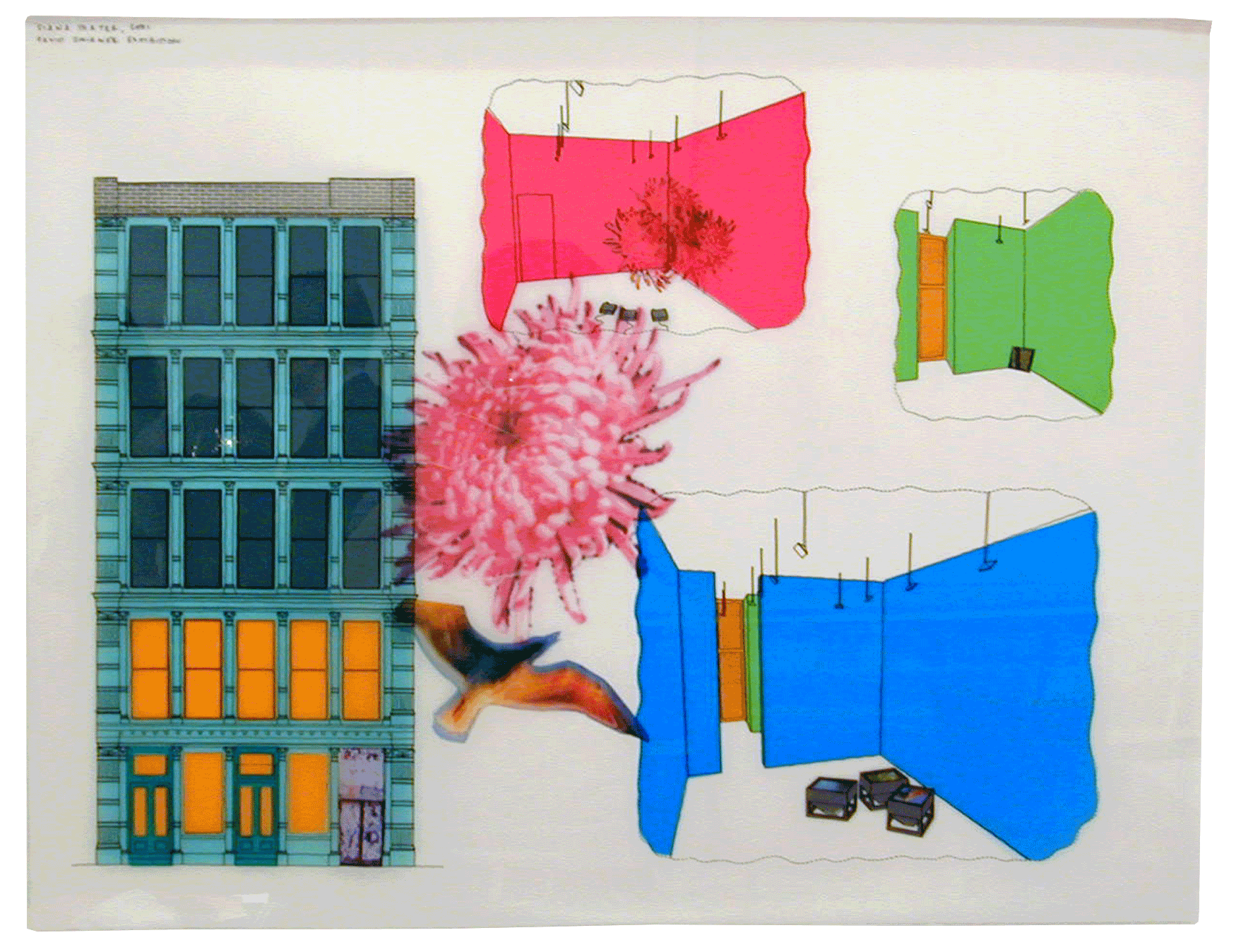 A drawing by Diana Thater, titled David Zwirner Exhibition (April 7 - May 5), dated 2001.