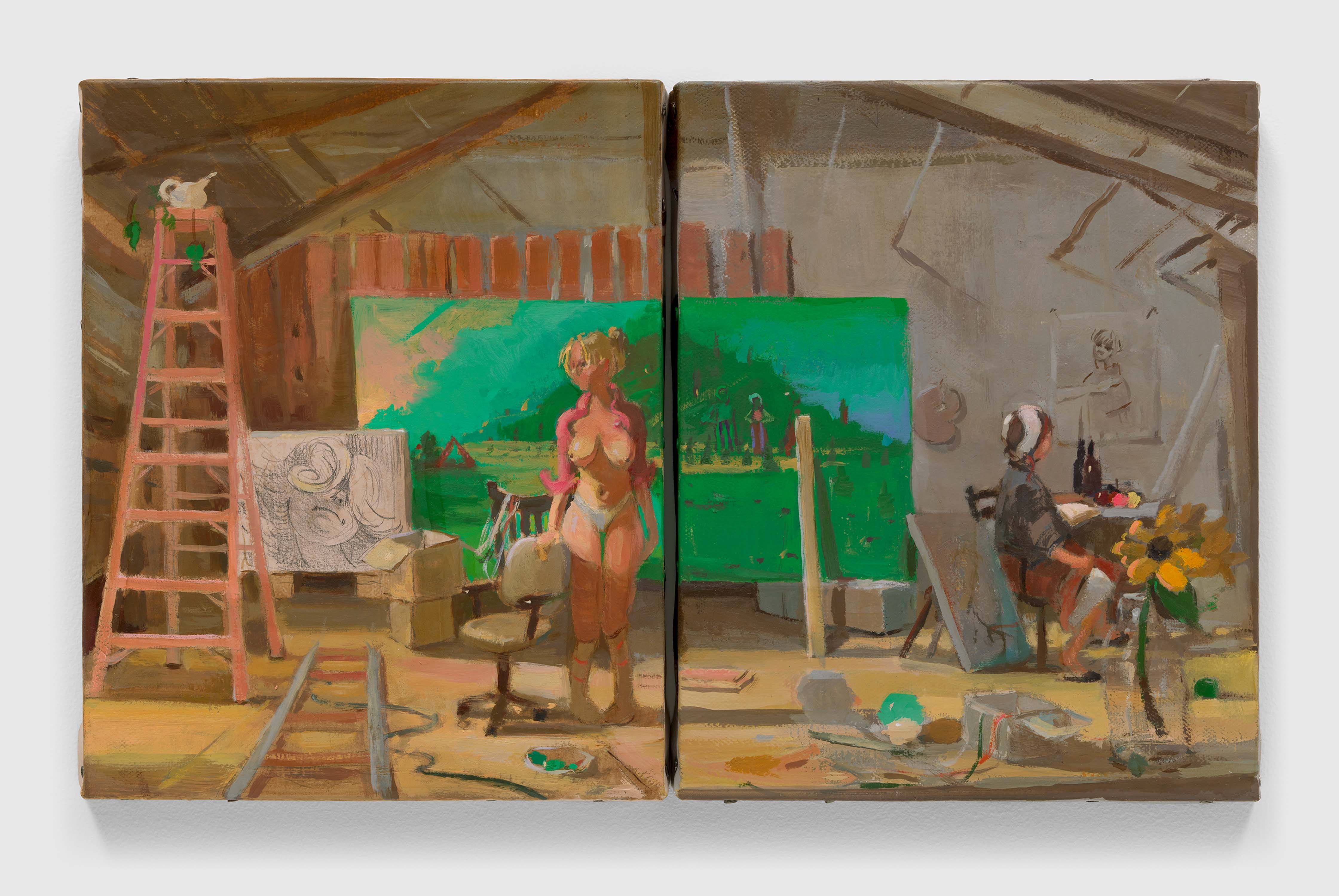 A painting by Lisa Yuskavage, titled Studio Visit, dated 2022.