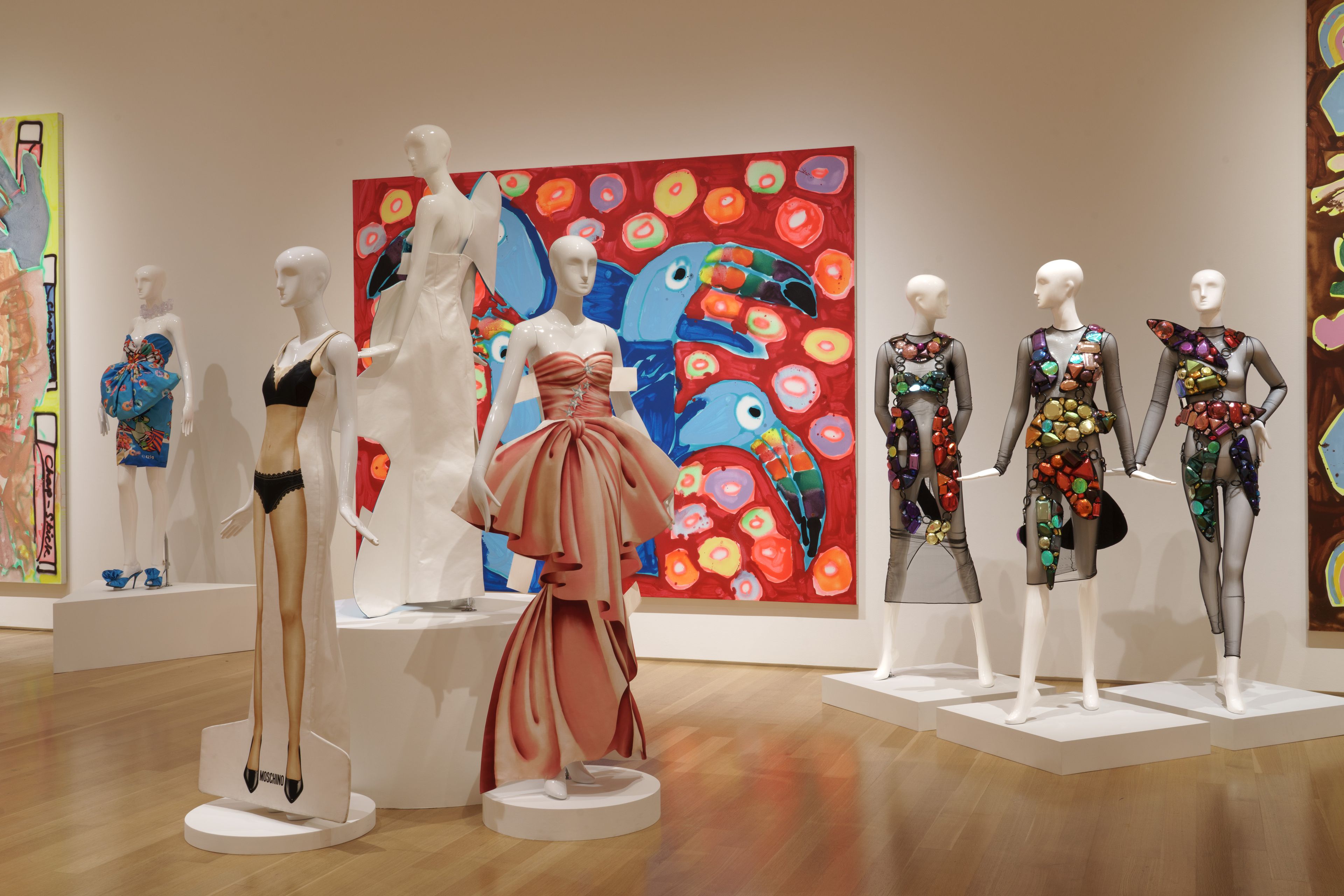 Installation view of the exhibition Katherine Bernhardt and Jeremy Scott: A Match Made in Heaven at the Nerman Museum of Contemporary Art in Overland Park, Kansas, dated 2024.