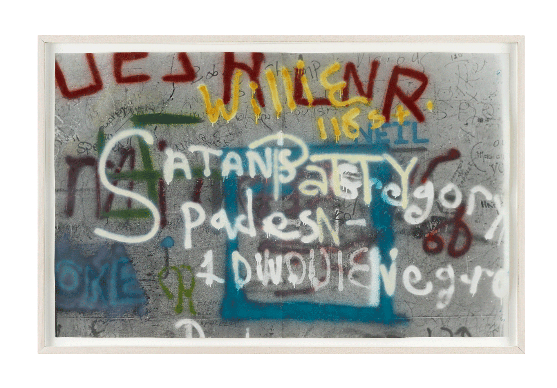 A photograph by Gordon Matta-Clark, titled Graffiti: Satans, dated 1973.