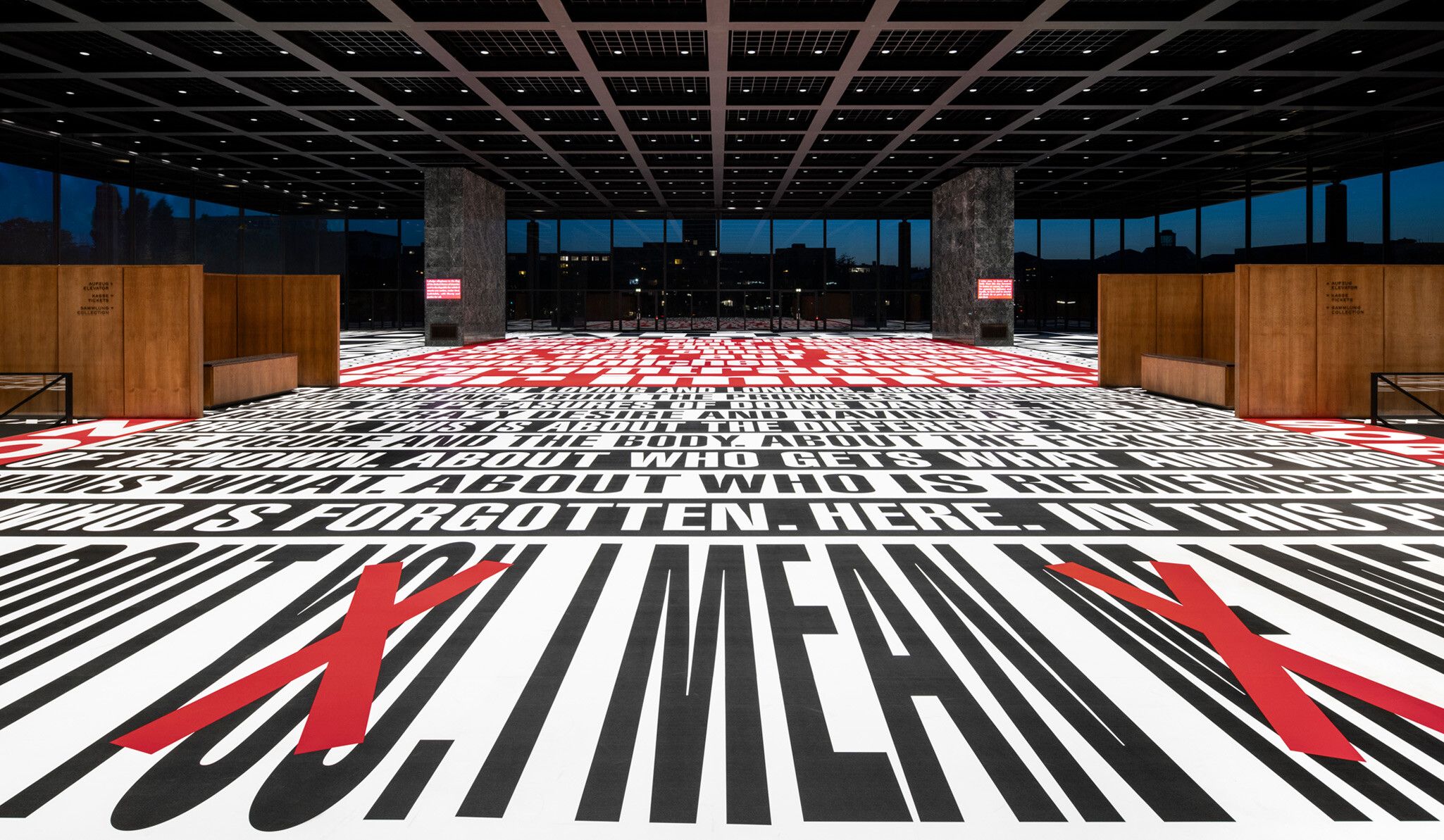 A Photo by Timo Ohler of Barbara Kruger, Bitte lachen / Please cry, installation view, Neue Nationalgalerie, Berlin, April 29–August 28, 2022, courtesy the artist and Sprüth Magers / Mies van der Rohe, VG Bild-Kunst, Bonn 2022.