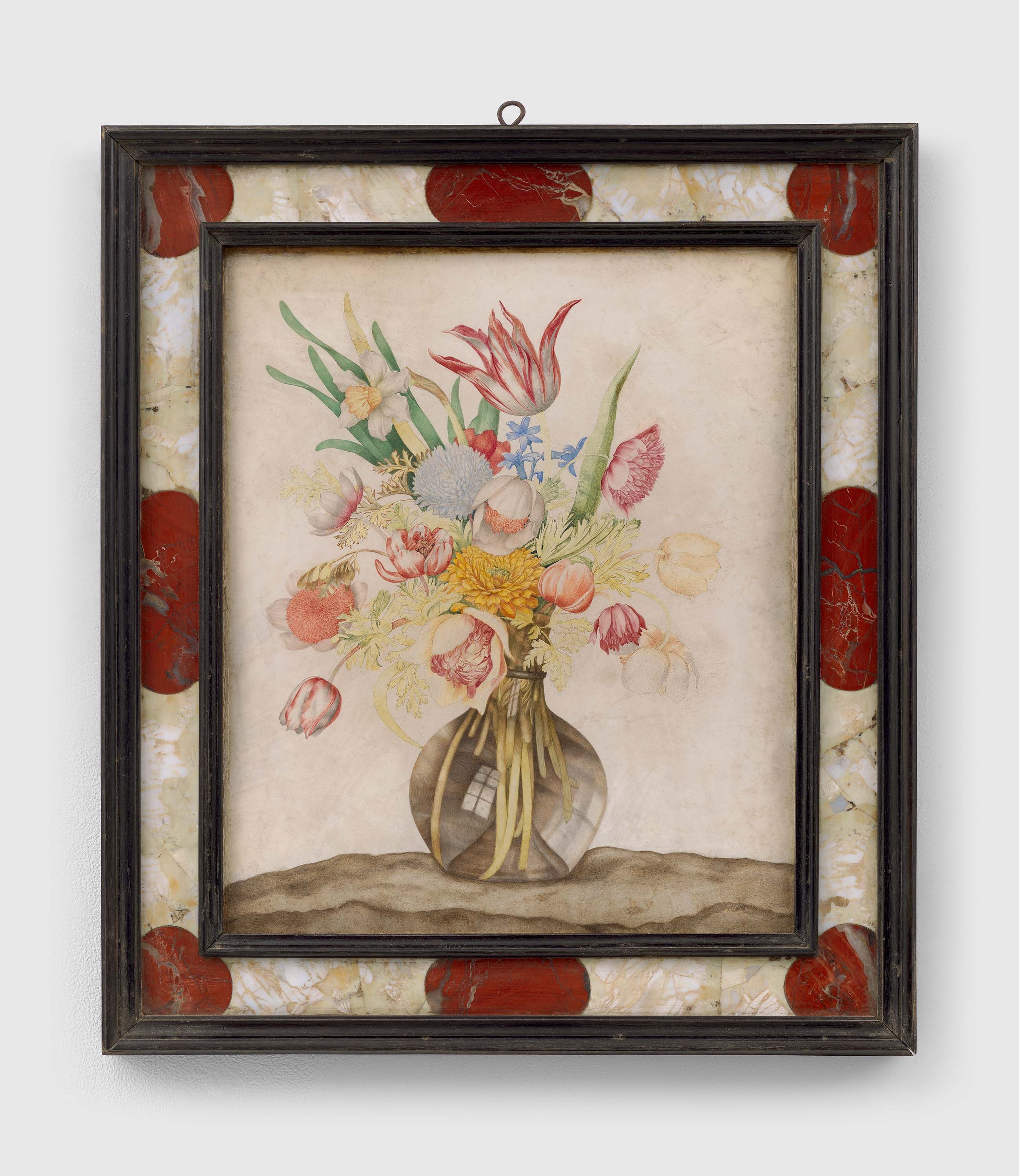 A painting by Giovanna Garzoni, titled Still life of flowers in a glass vase, dated circa 1640 to 1650.