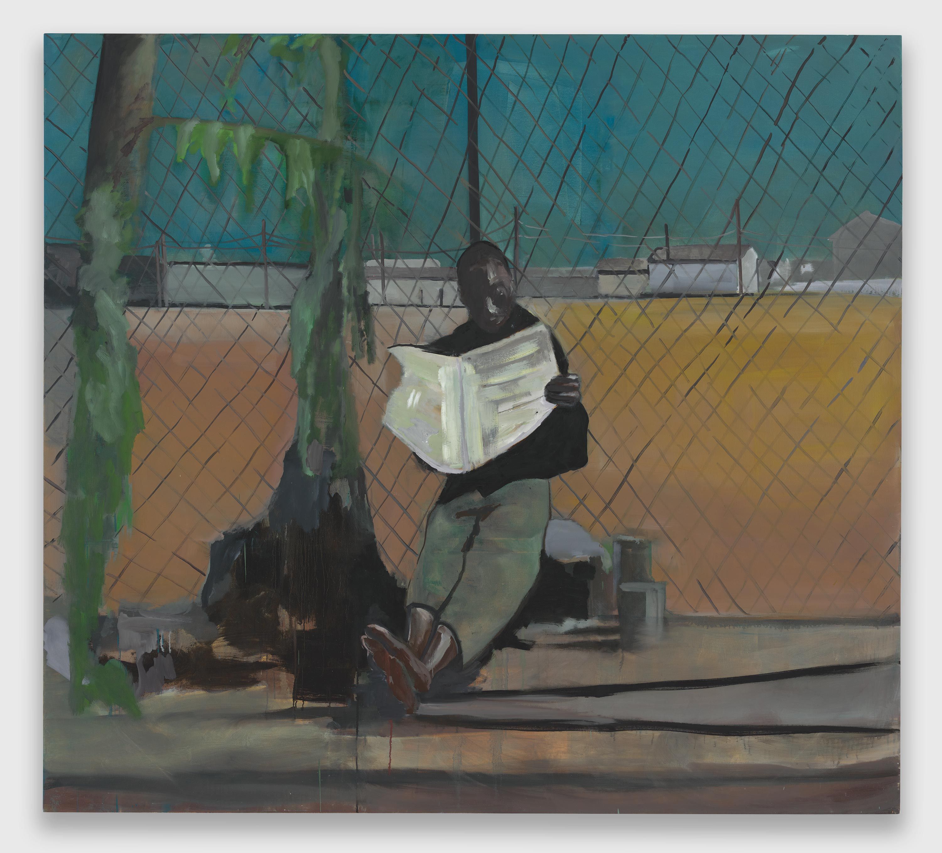 An oil on canvas artwork by Noah Davis, titled Pueblo del Rio: Vernon, dated 2014.