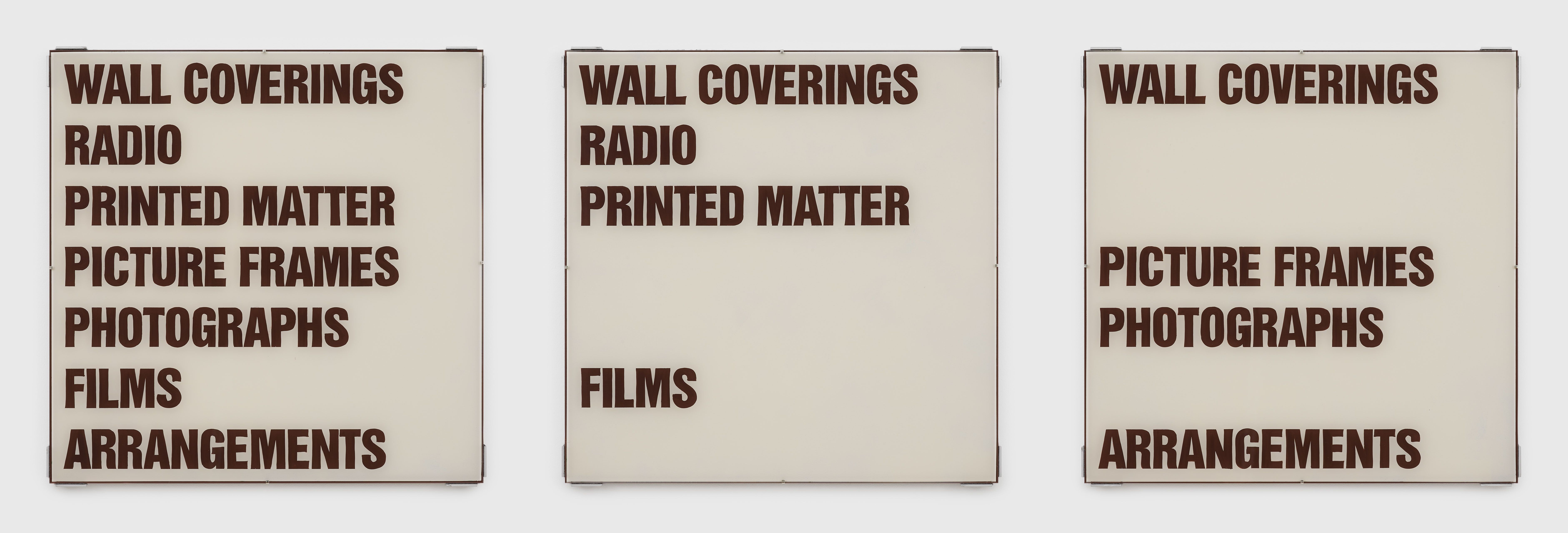 Enamel paint, glass, aluminum, and felt in three parts by Christopher Williams, titled Untitled (Provisional Prop) #1, Untitled (Provisional Prop) #2, and Untitled (Provisional Prop) #3, dated 2021.