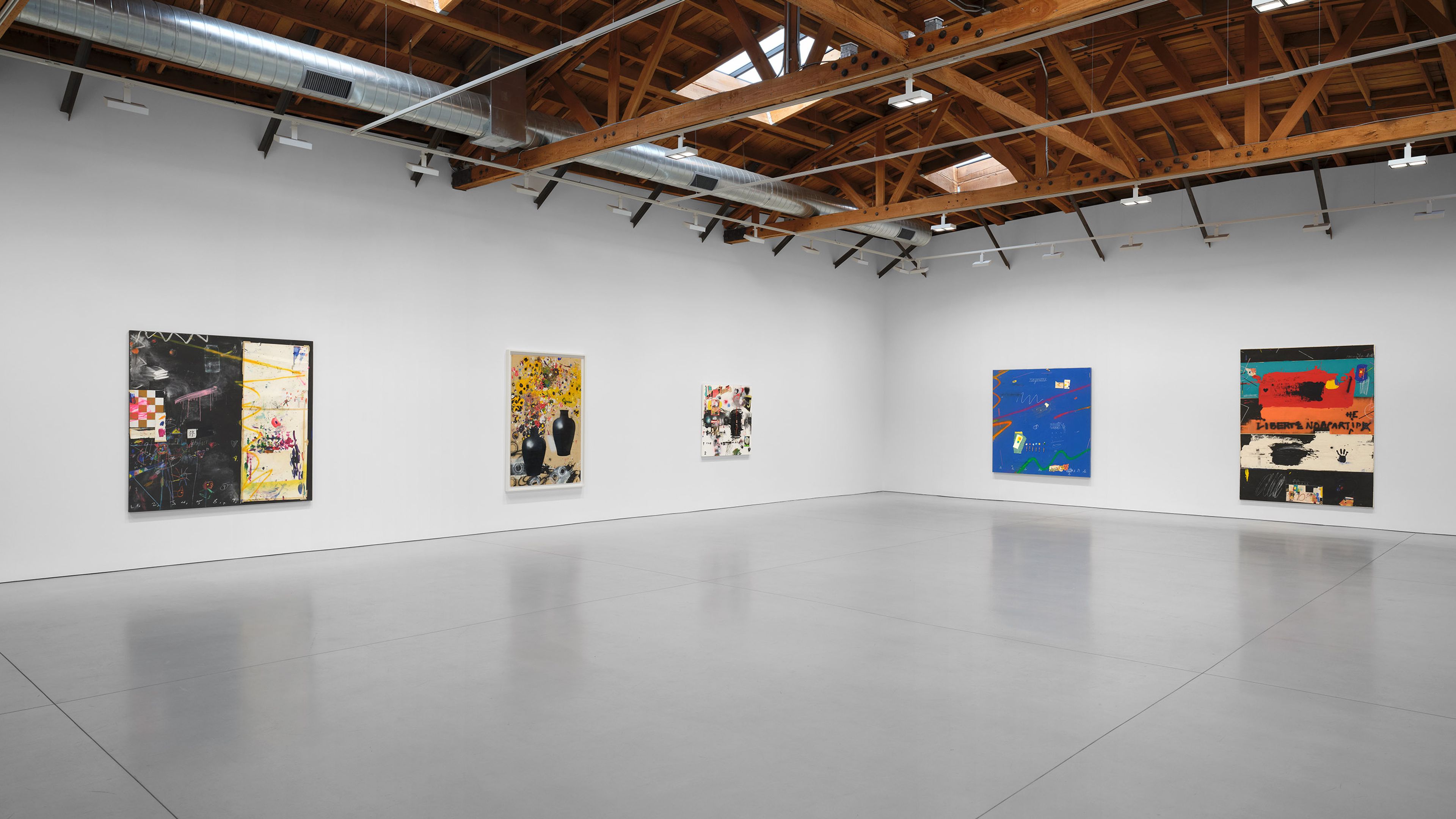 Installation view of the exhibition, Raymond Saunders: Notes from LA at David Zwirner in Los Angeles, dated 2026.