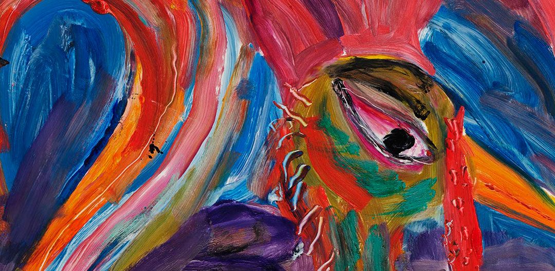 A detail from a print by Josh Smith, titled Rooster, dated 2019