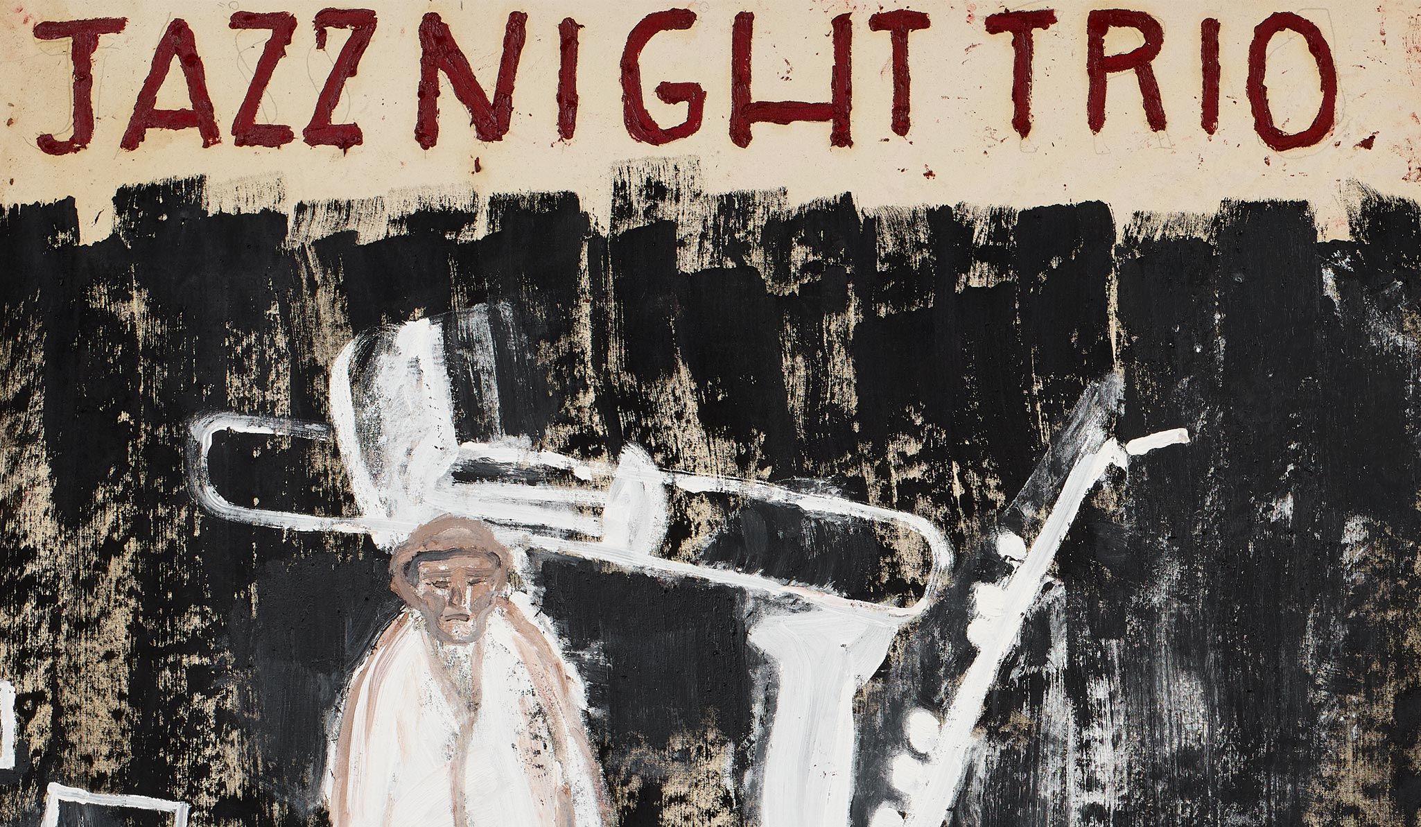 Upper right corner detail of Jazz Night Trio by Rose Wylie
