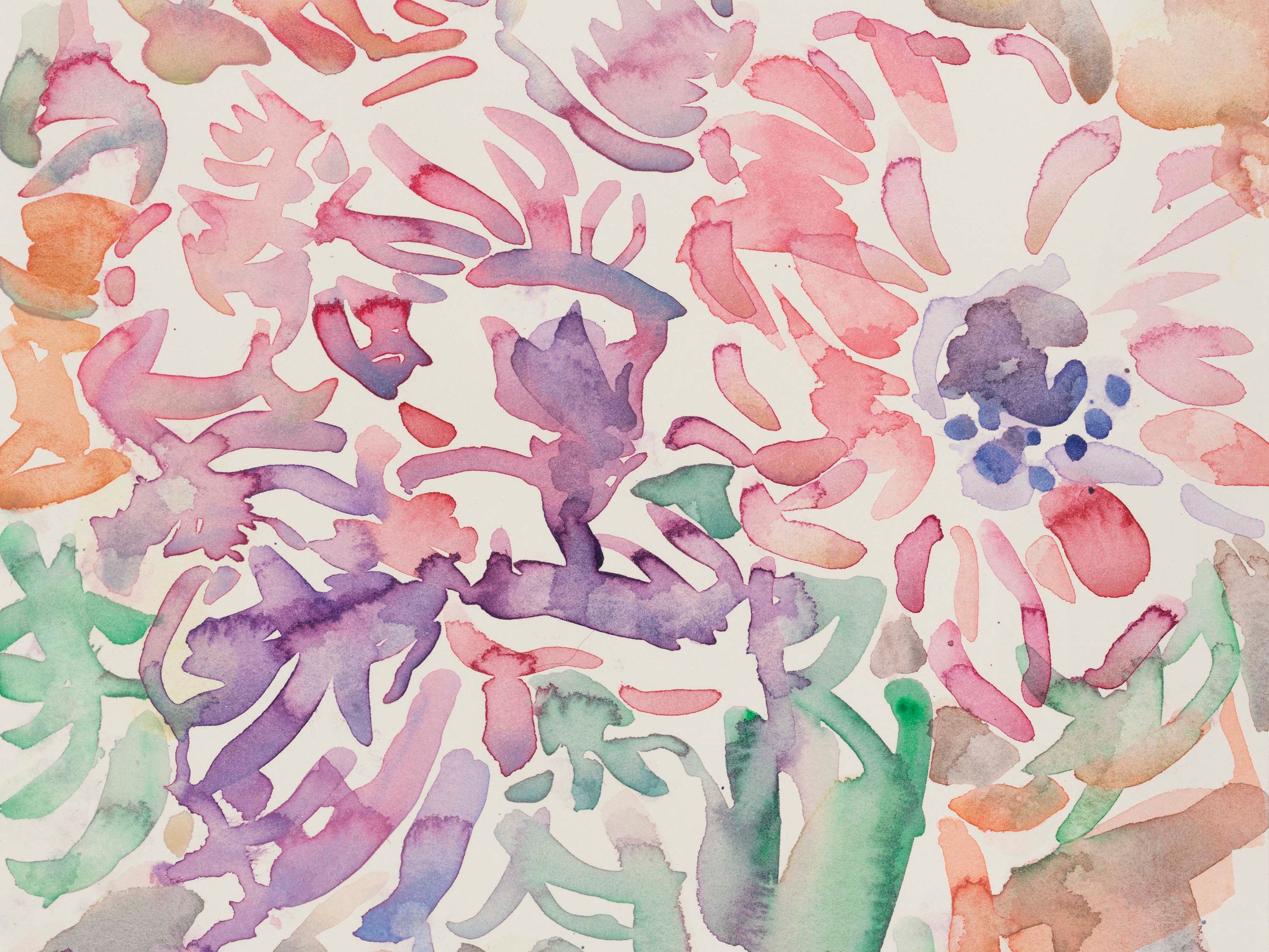 A detail from a work on paper by Elizabeth Peyton, titled Flowers (Simone, The Sea), dated 2025.