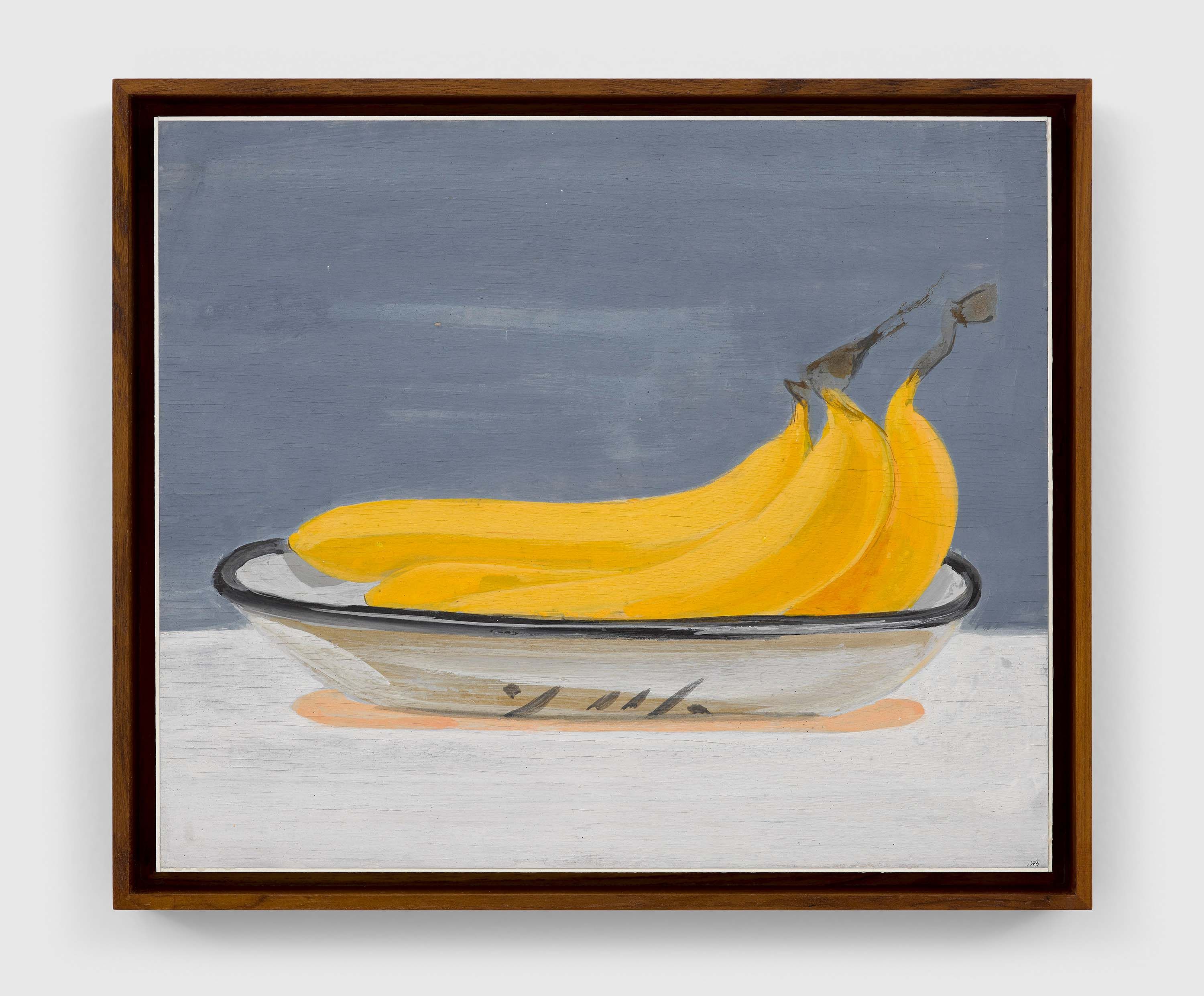 A casein on board painting by Mahesh Baliga, titled Banana on table, dated 2022.