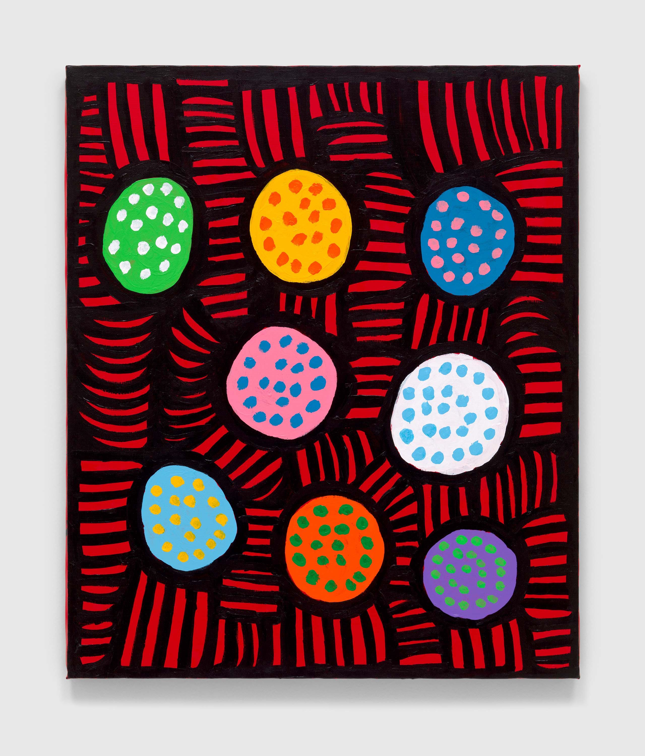 A painting by Yayoi Kusama, titled ﻿EVERY DAY I PRAY FOR LOVE, dated 2022.