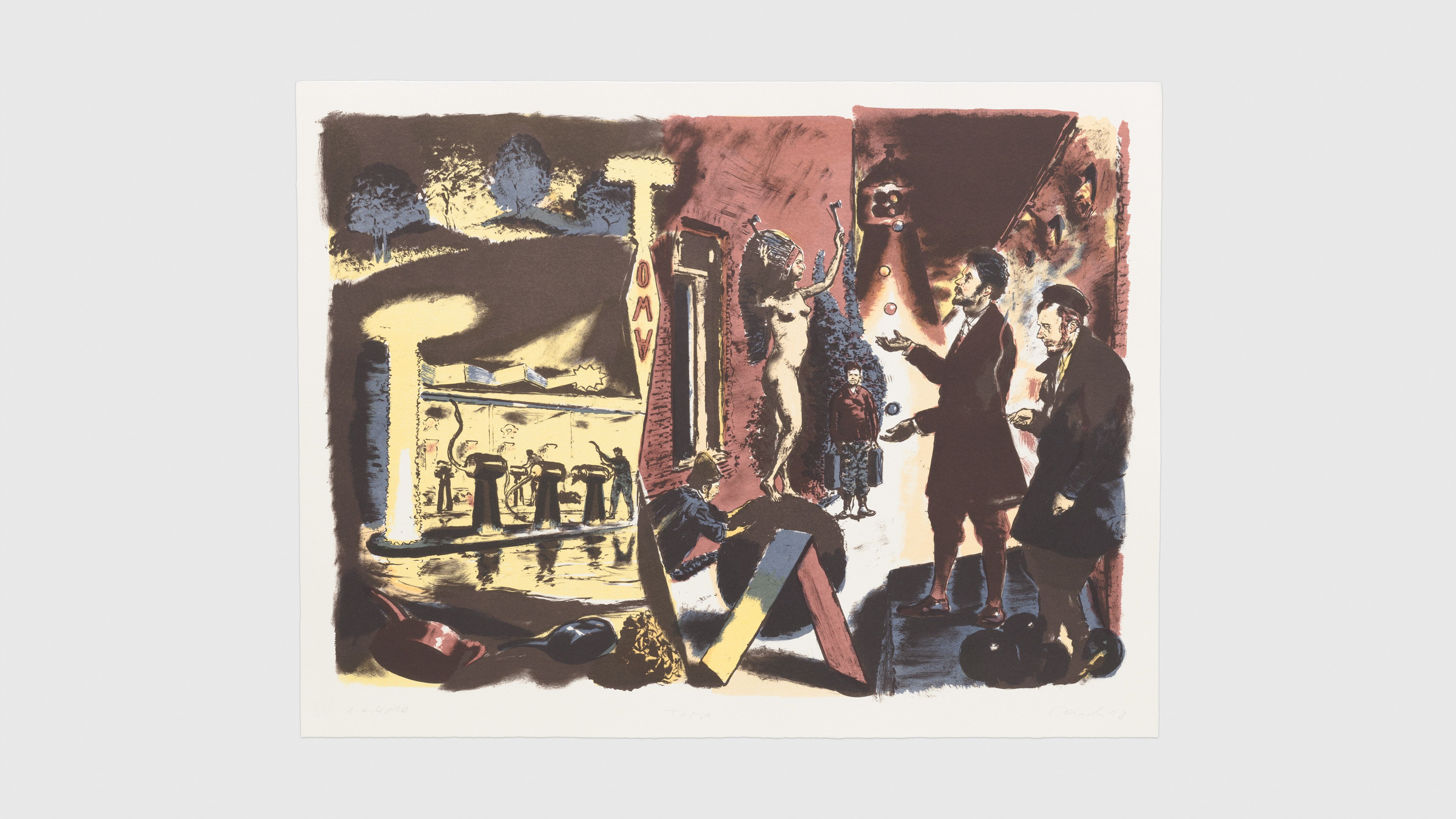 A five-color lithograph on Hahnemühle Alt Worms paper by Neo Rauch, titled Toma, dated 2018.