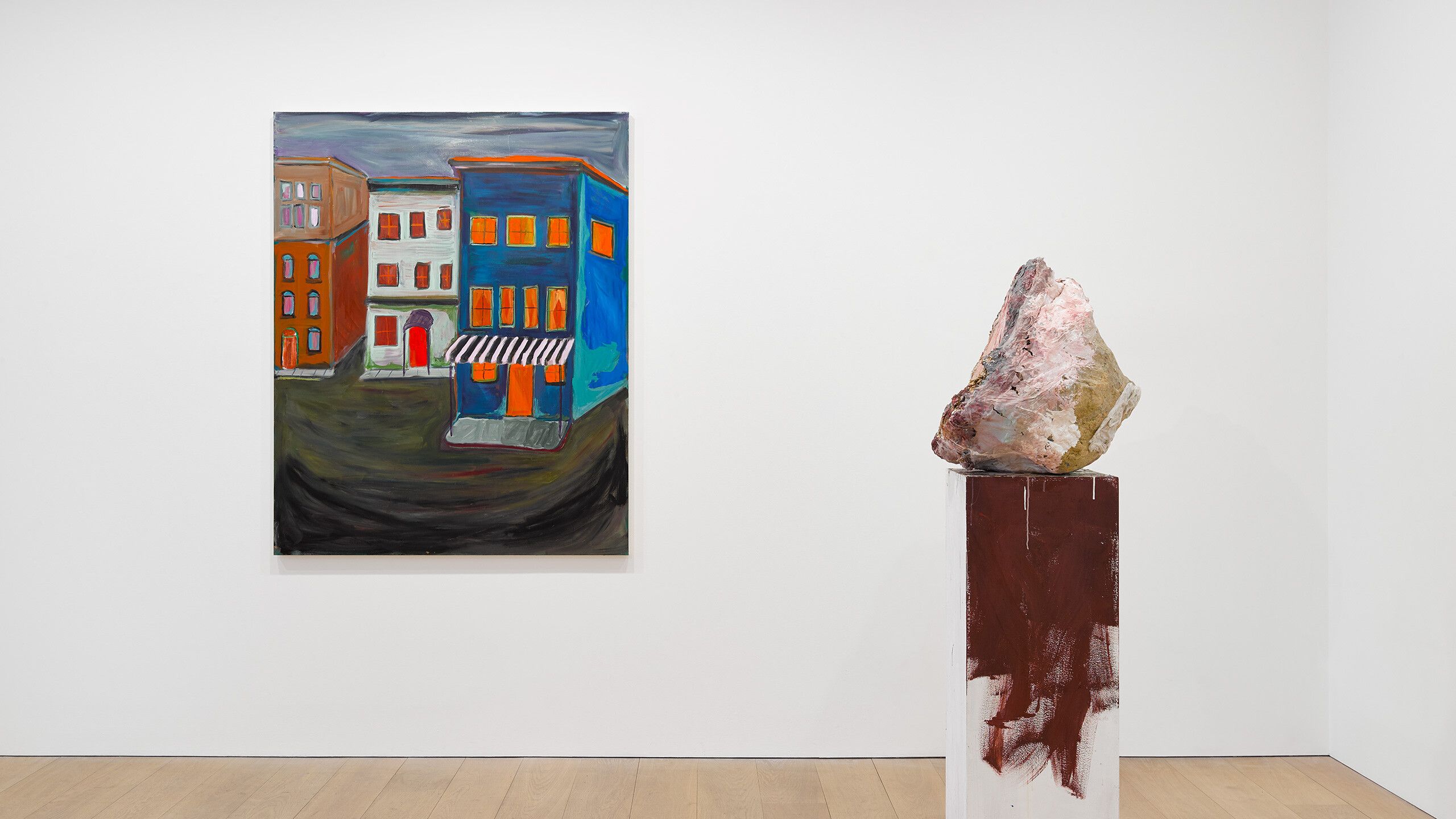 Installation view, Program, David Zwirner, London, 2021, featuring works, from left, by Josh Smith and Franz West