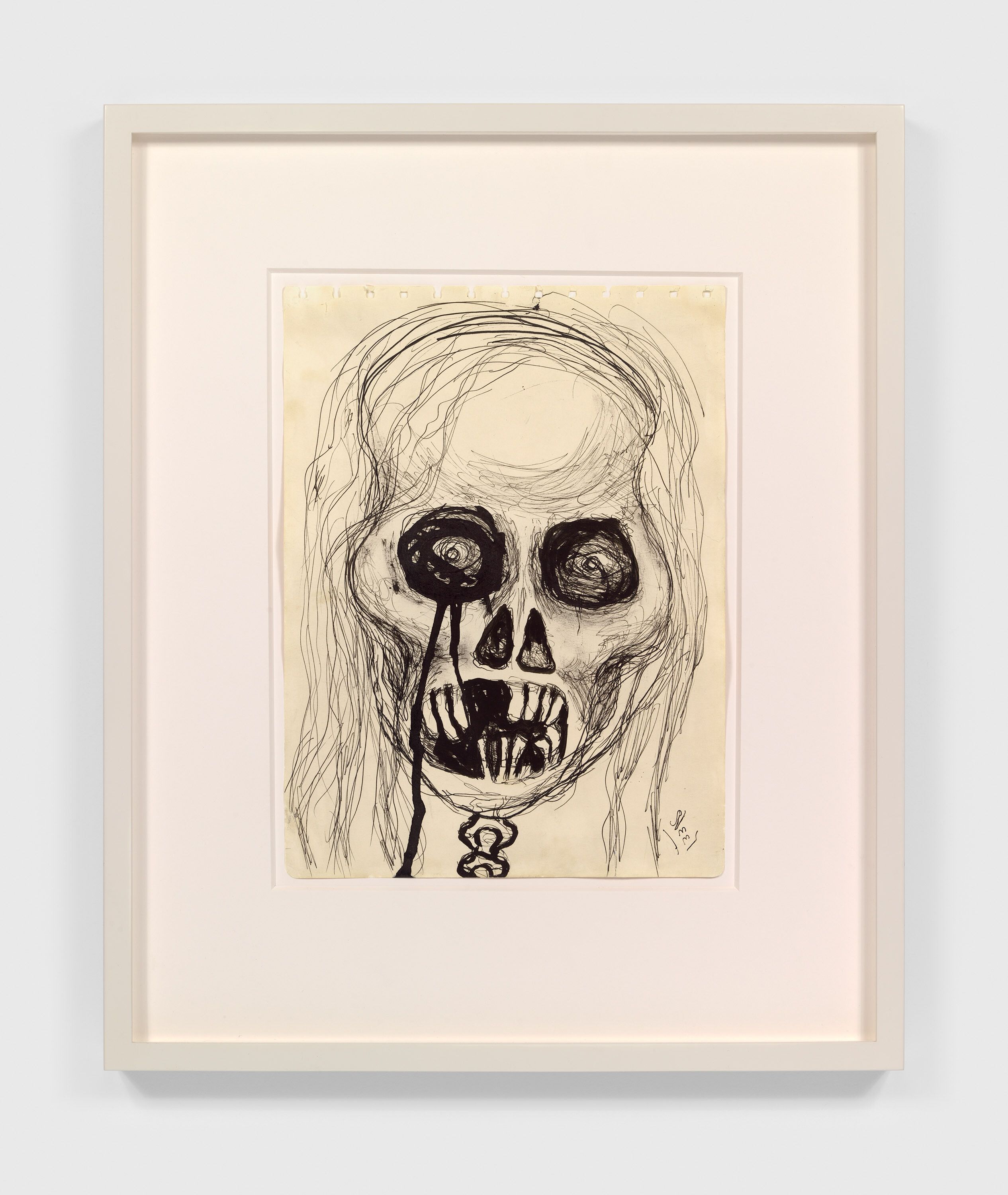 An ink artwork by Alice Neel, titled Self-Portrait Skull, dated 1958.