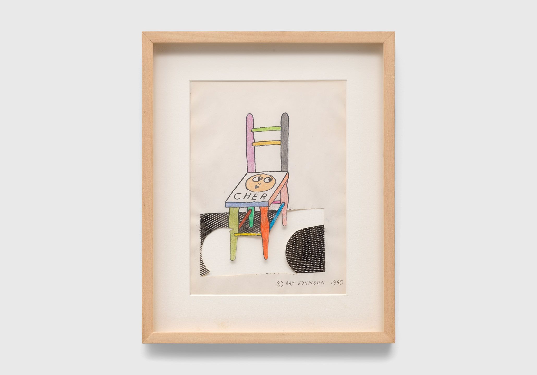 A collage on cardboard panel by Ray Johnson, titled Cher Chair, dated 1985.