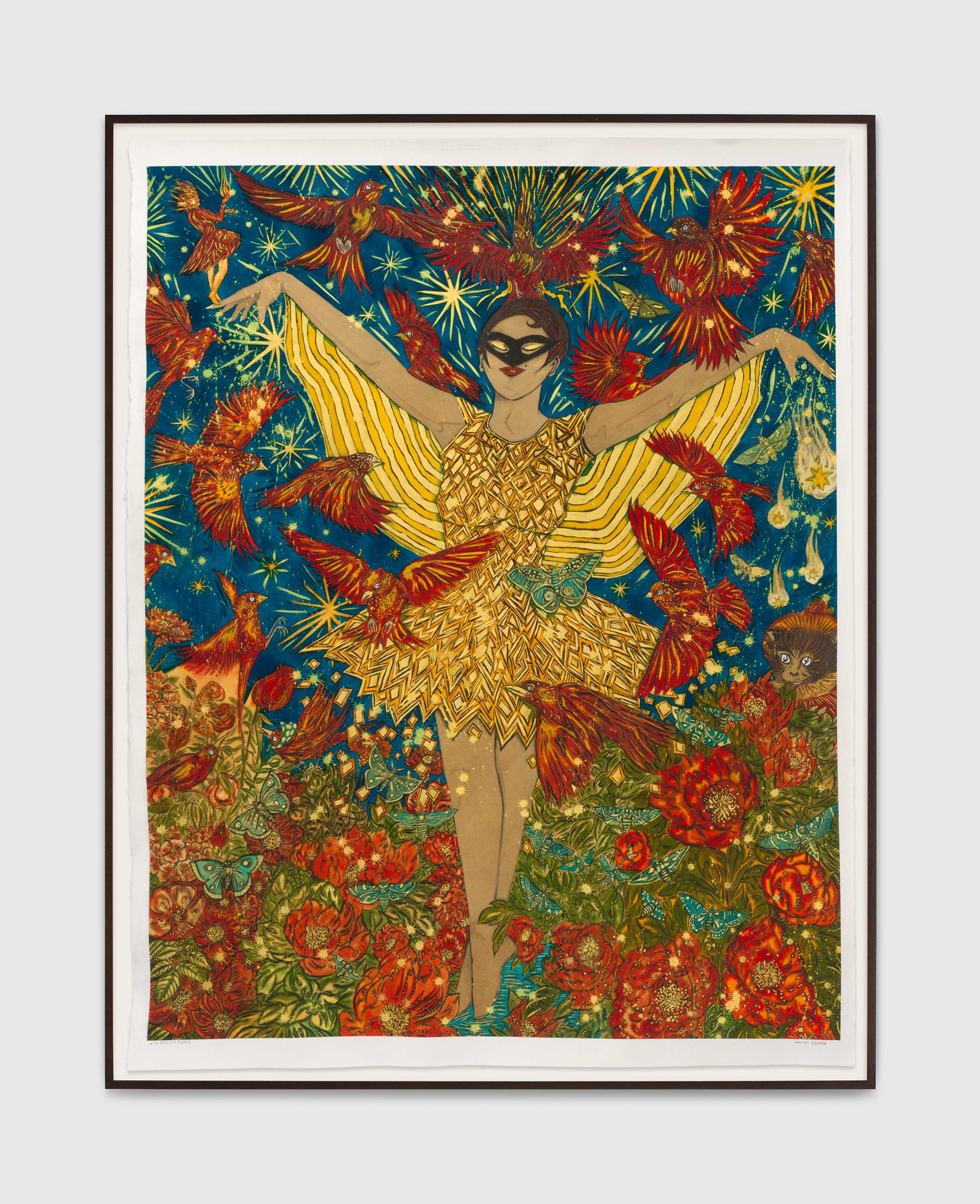 A work on paper by Marcel Dzama, titled The birth of a Phoenix (or It’s easy to fly without a broken right wing), dated 2025.