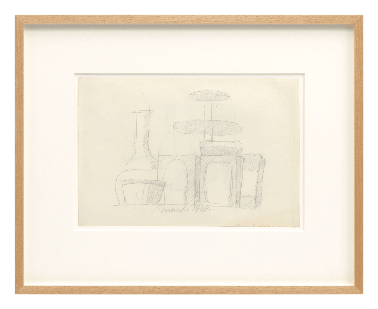 A pencil drawing on paper by Giorgio Morandi, titled Natura morta (Still Life), dated 1948.