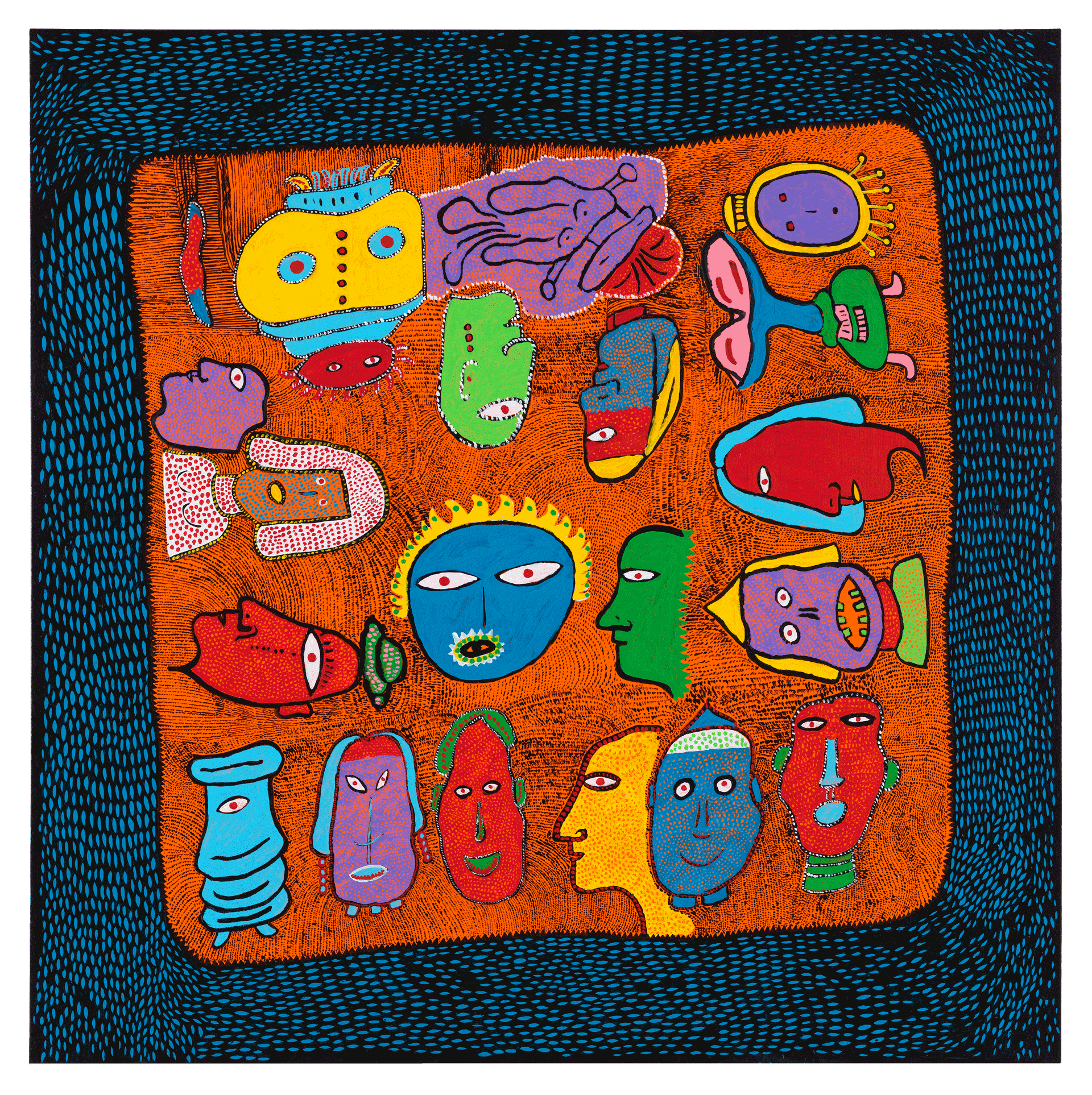A painting by Yayoi Kusama, titled Human Beauty of Smiles, dated 2015.