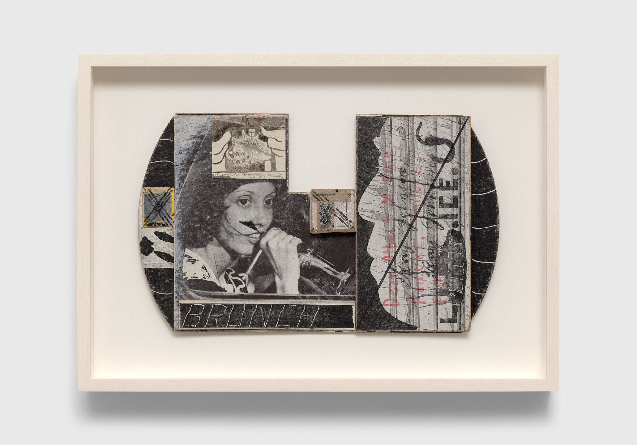 A collage on cardboard panel by Ray Johnson, titled Untitled (BRUNCH) , dated 1979, 1981-1986, 1992.