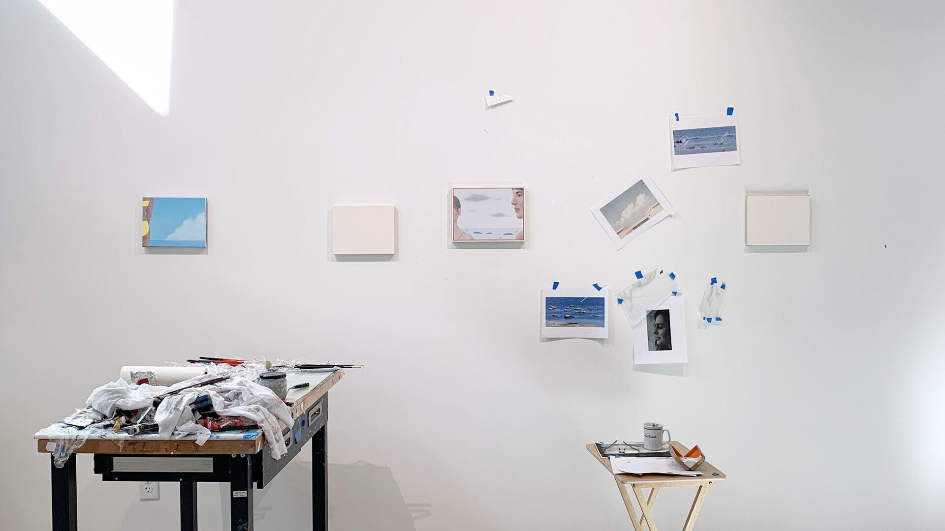 A view of Ridley Howard’s studio, featuring his painting Red Frame Coast (2020)