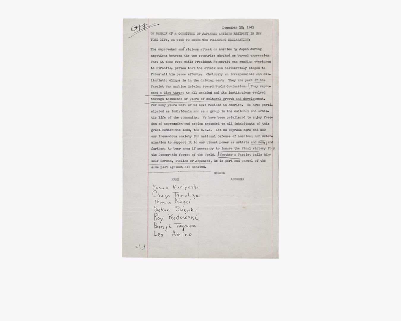 Anti-fascist declaration by Japanese American artists in New York City, dated 1941.