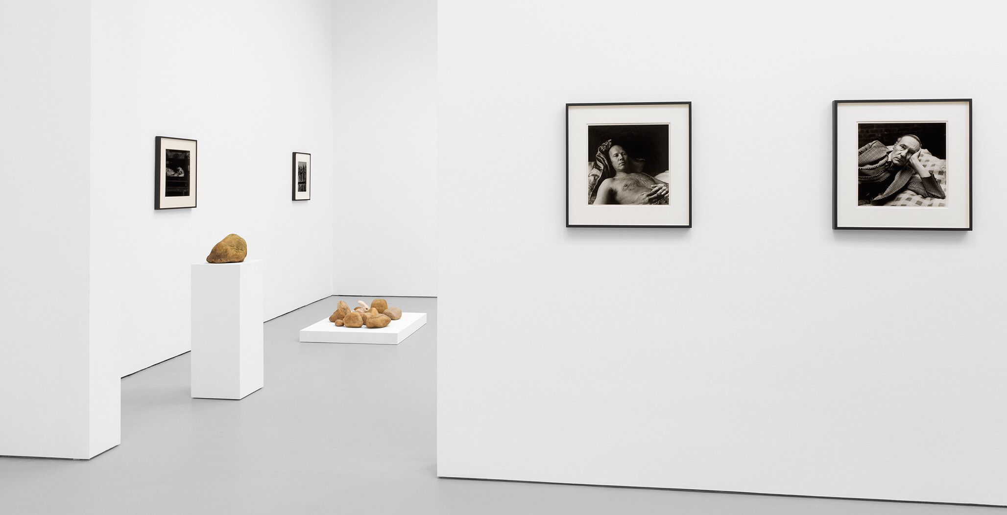 An installation view of an exhibition titled Ray Johnson: WHAT A DUMP at David Zwirner, New York, in 2021.