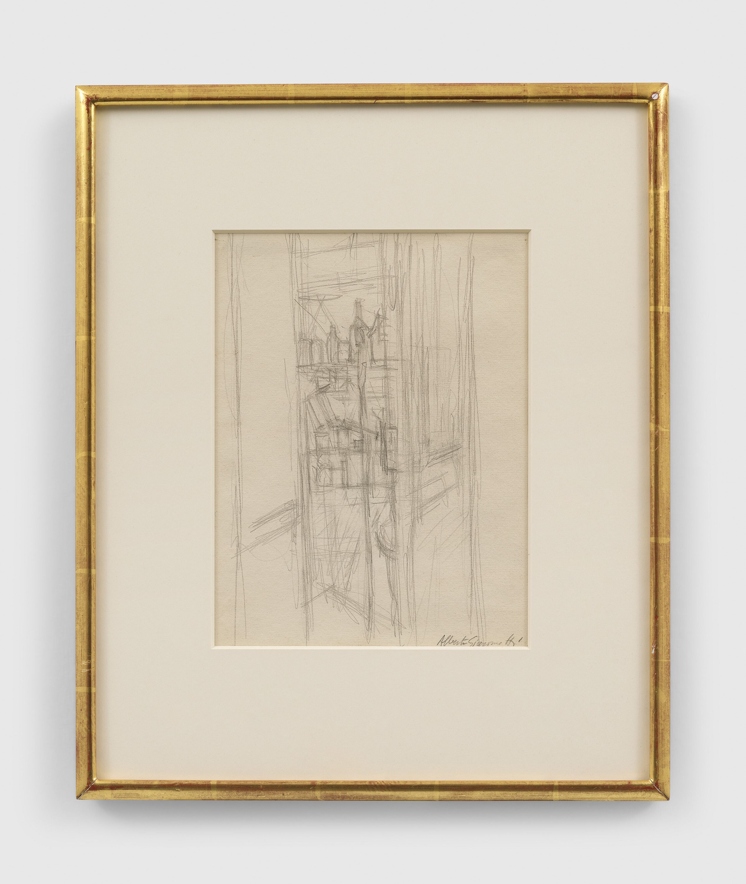 A drawing by Alberto Giacometti, titled Placard dans l'atelier avec bouteille, dated 1956.