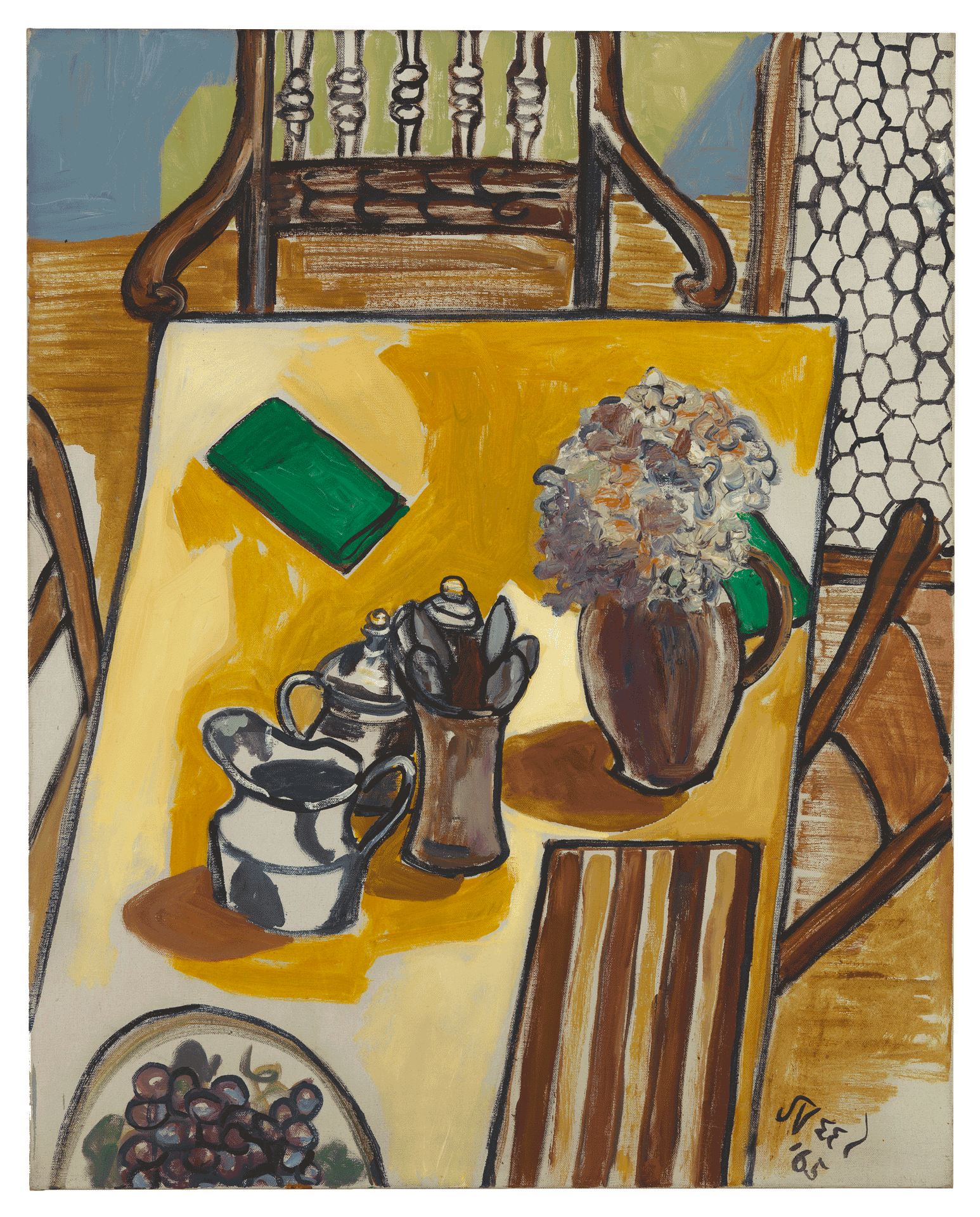 A painting by Alice Neel, titled Still Life (Breakfast Table), dated 1965.
