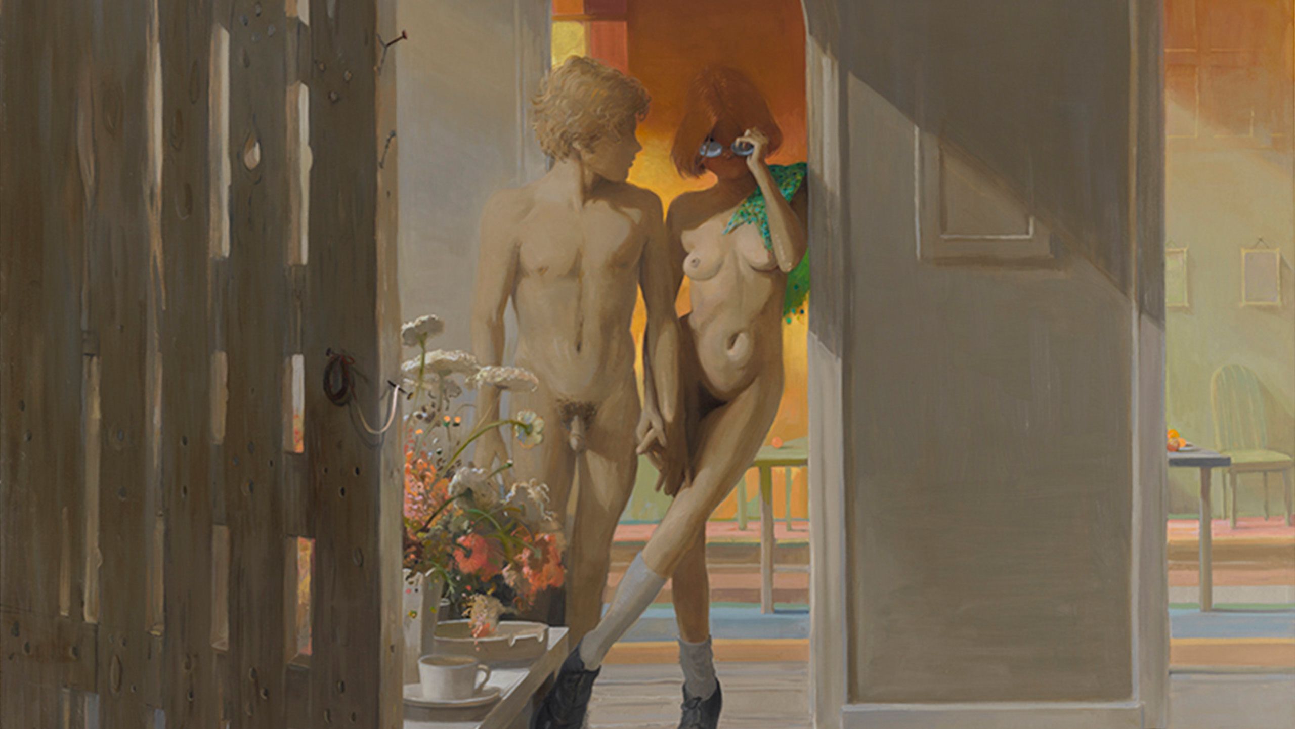 A detail of a painting by Lisa Yuskavage titled Home dated 2018