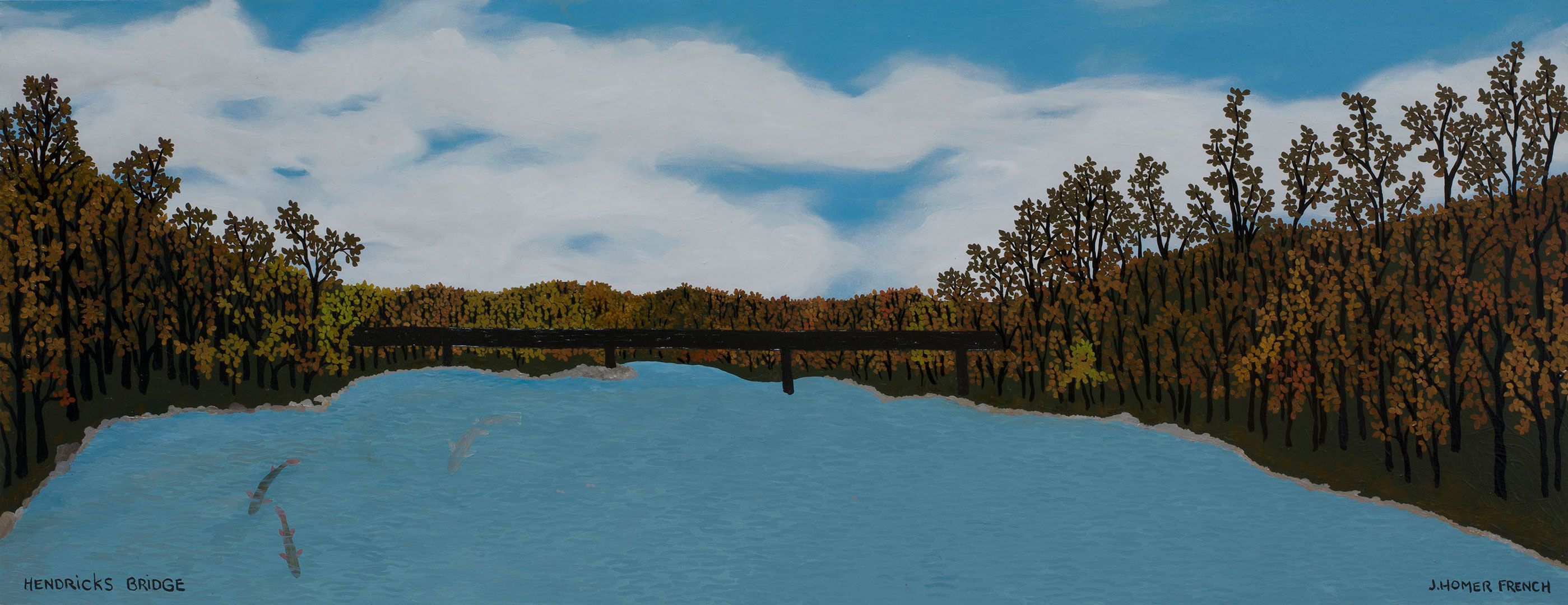 A painting by Jessie Homer French titled Hendrick's Bridge dated 2018.