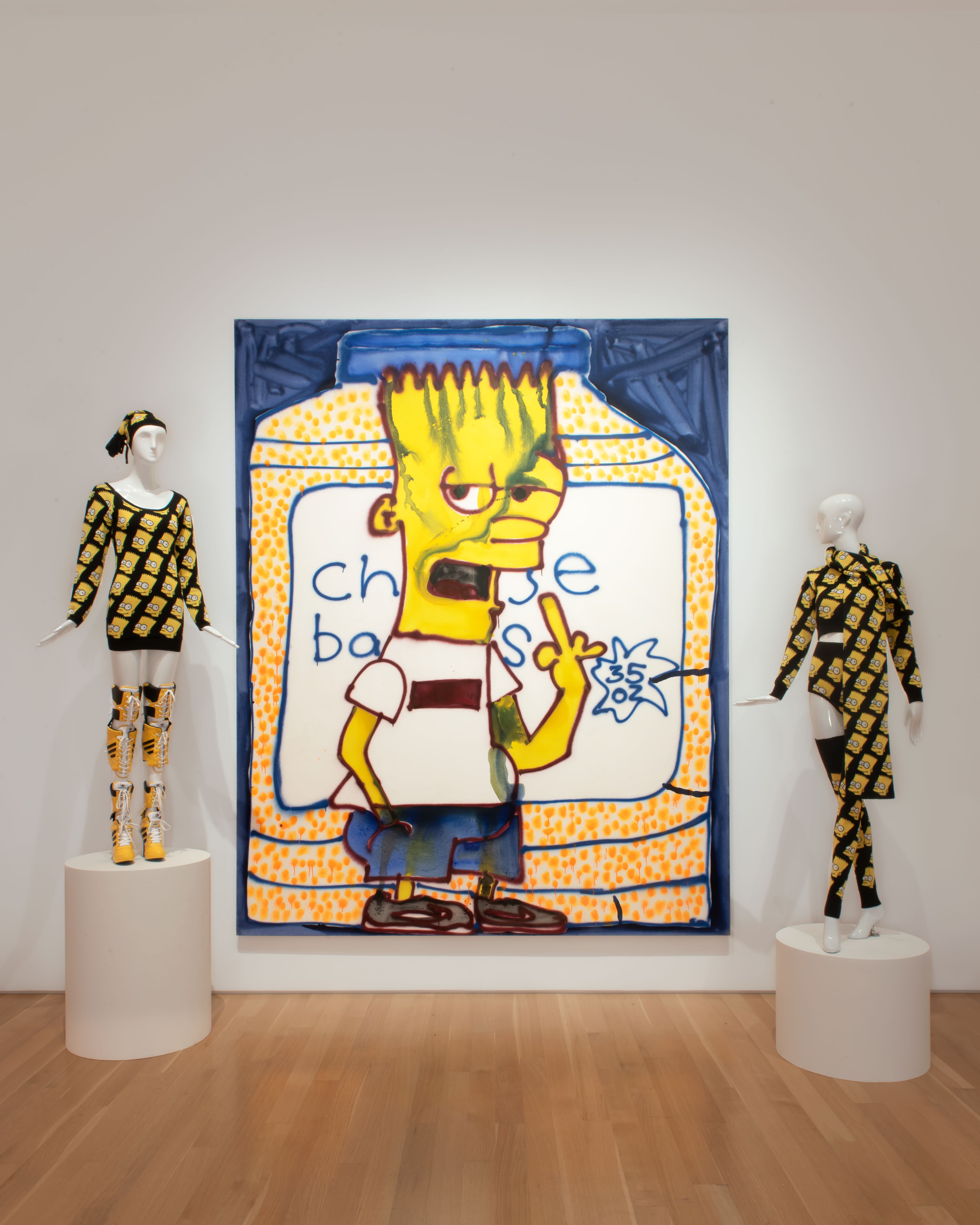 Installation view of the exhibition Katherine Bernhardt and Jeremy Scott: A Match Made in Heaven at the Nerman Museum of Contemporary Art in Overland Park, Kansas, dated 2024.