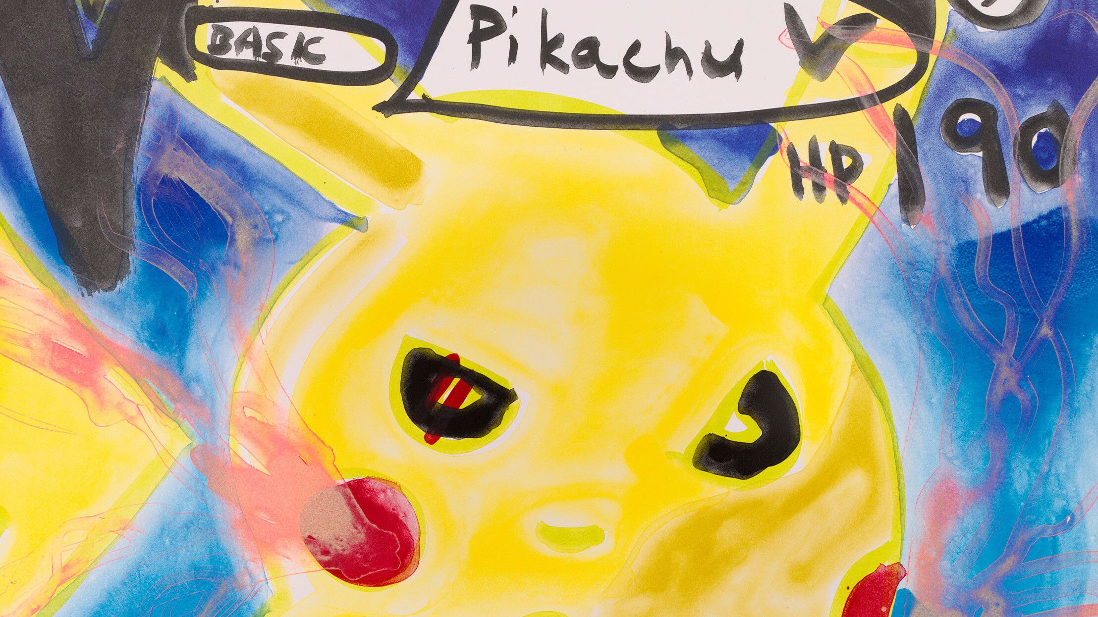 Detail of a Katherine Bernhardt work titled, "Pikachu," dated 2022.