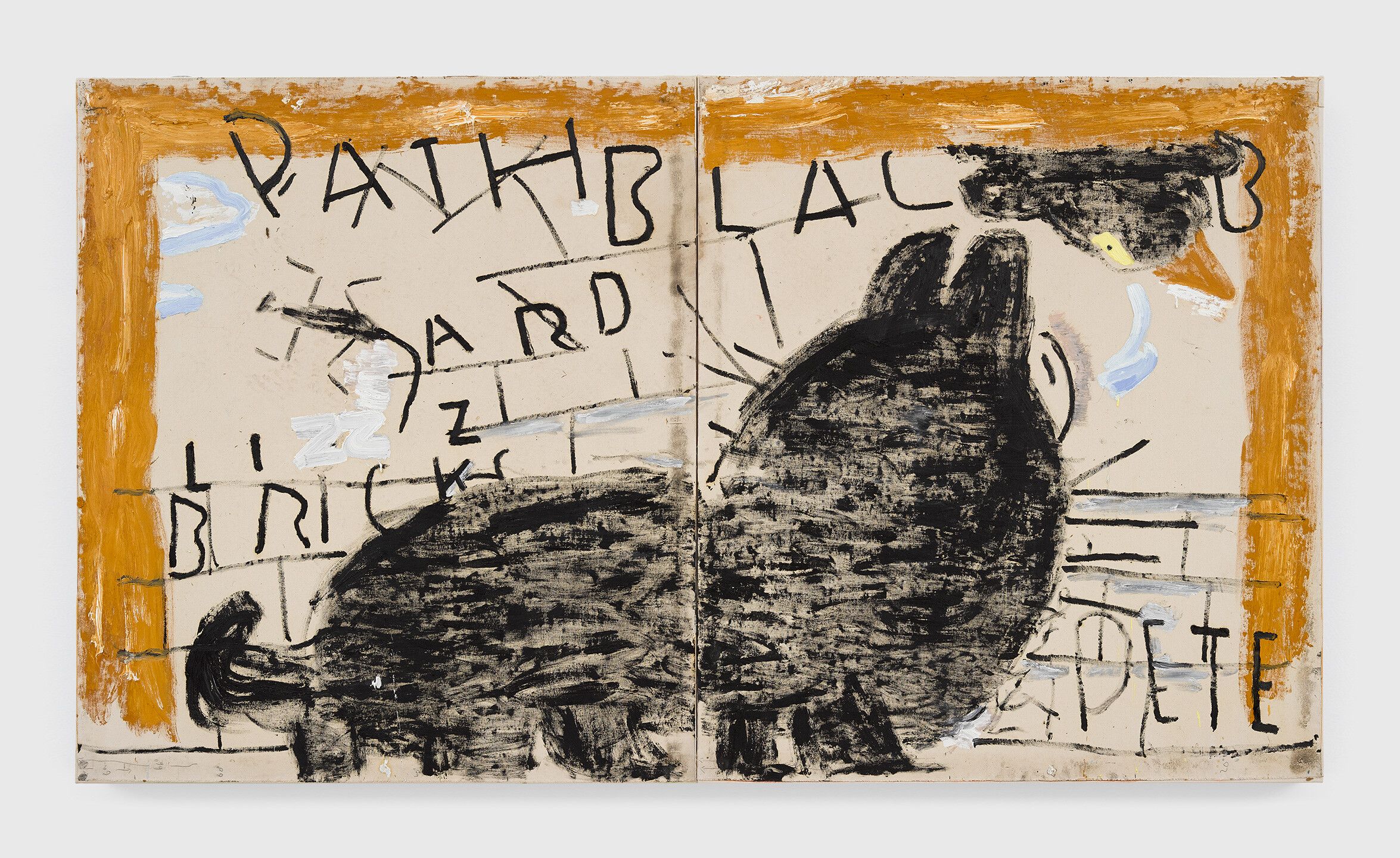 An oil painting on canvas in two parts by Rose Wylie, titled Black Pete, Blackbird and Lizard, 2020.