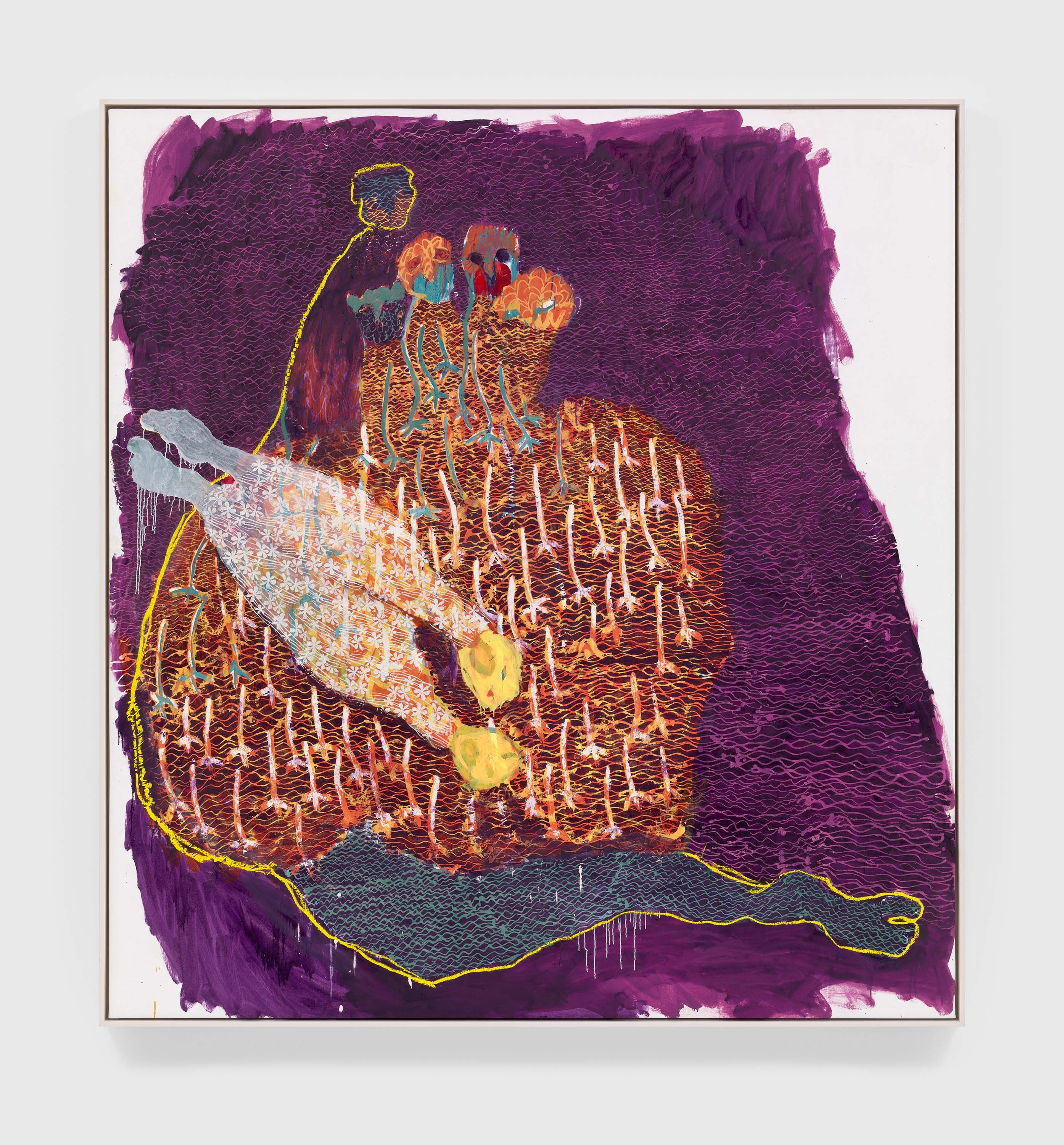 An oil based printing ink and oil bar on linen artwork by Portia Zvavahera, titled Zvakanditsika (It walked on me), dated 2021.