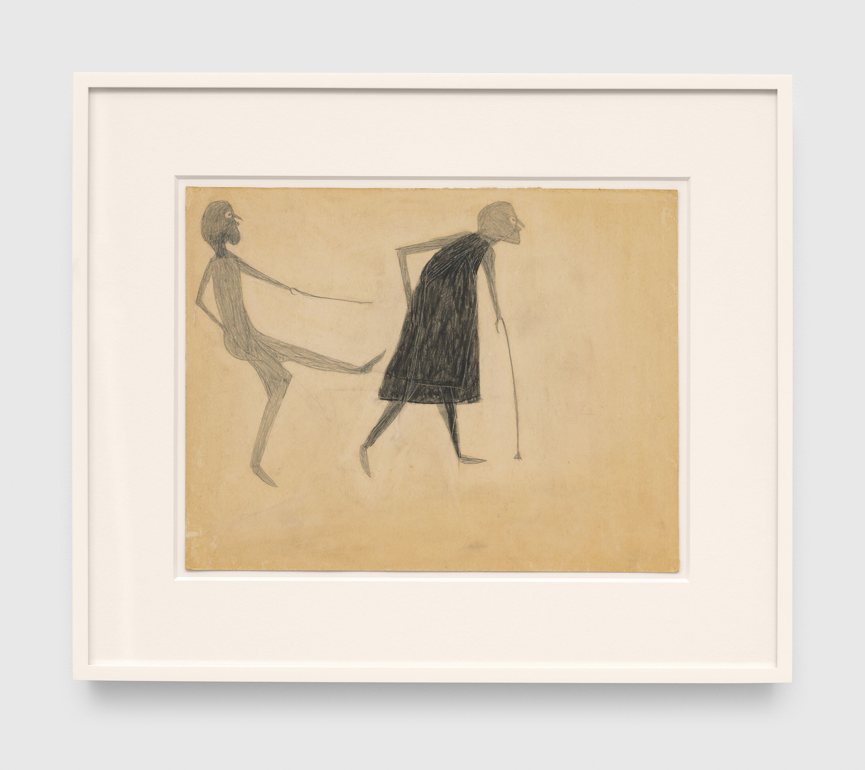 A drawing by Bill Traylor, titled Man Kicking Woman, 1939 to 1942.
