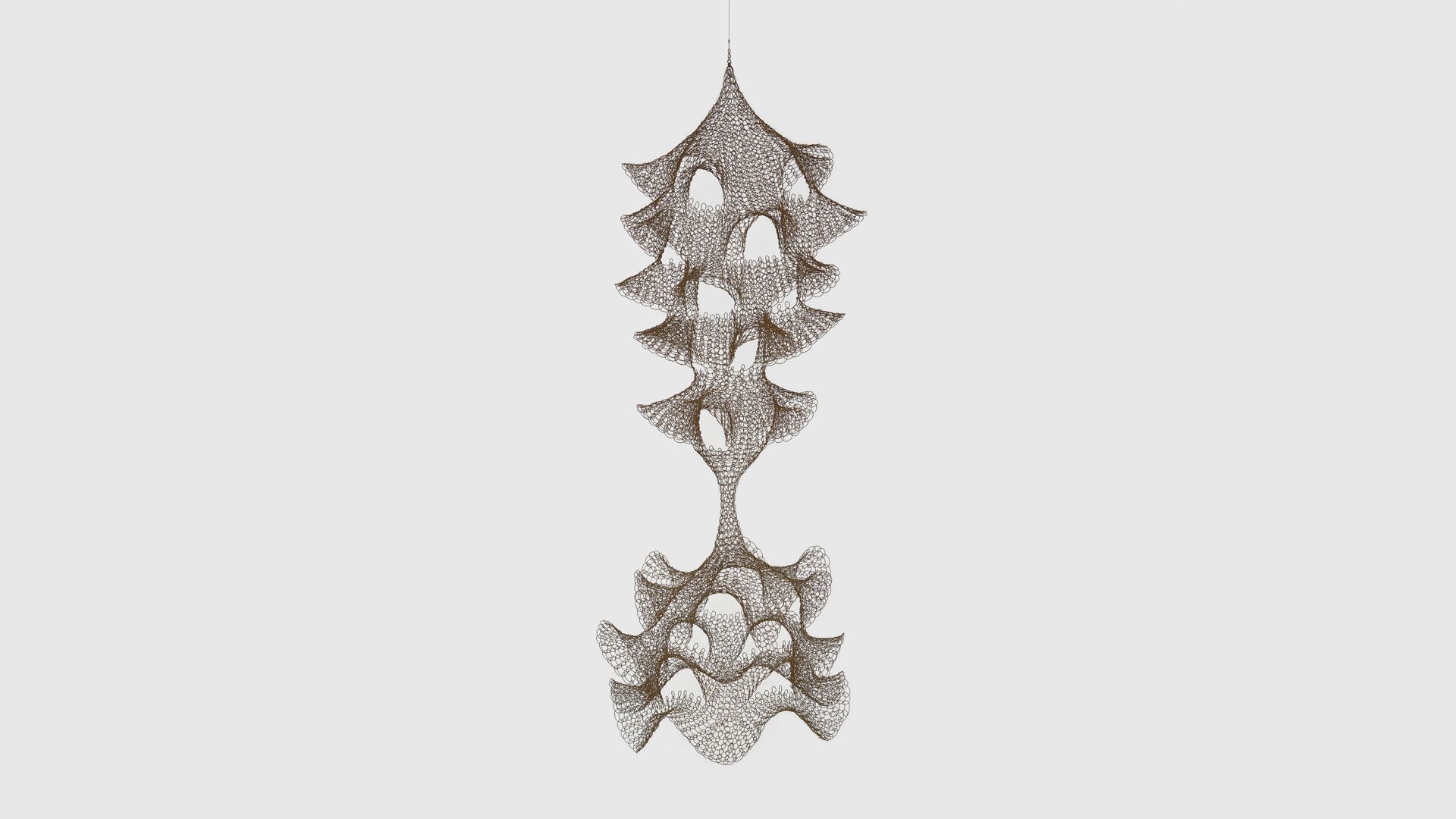 A hanging steel wire sculpture by Ruth Asawa, titled, Untitled (S.786, Hanging Two-Sectioned, Open-Window Form), circa 1950 to 1959.