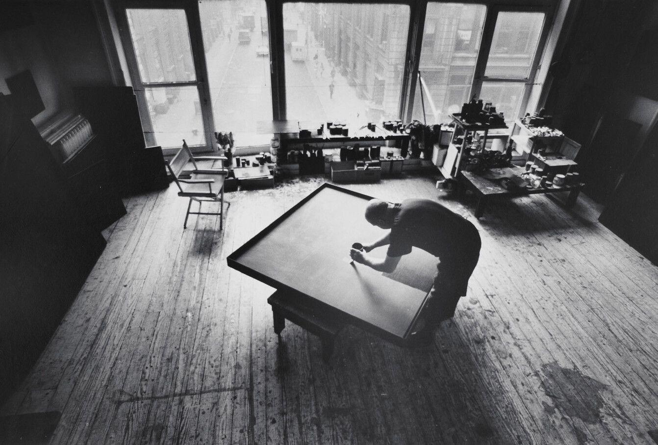 A photo of Ad Reinhardt in his studio in 1966. Photo by John Loengard.