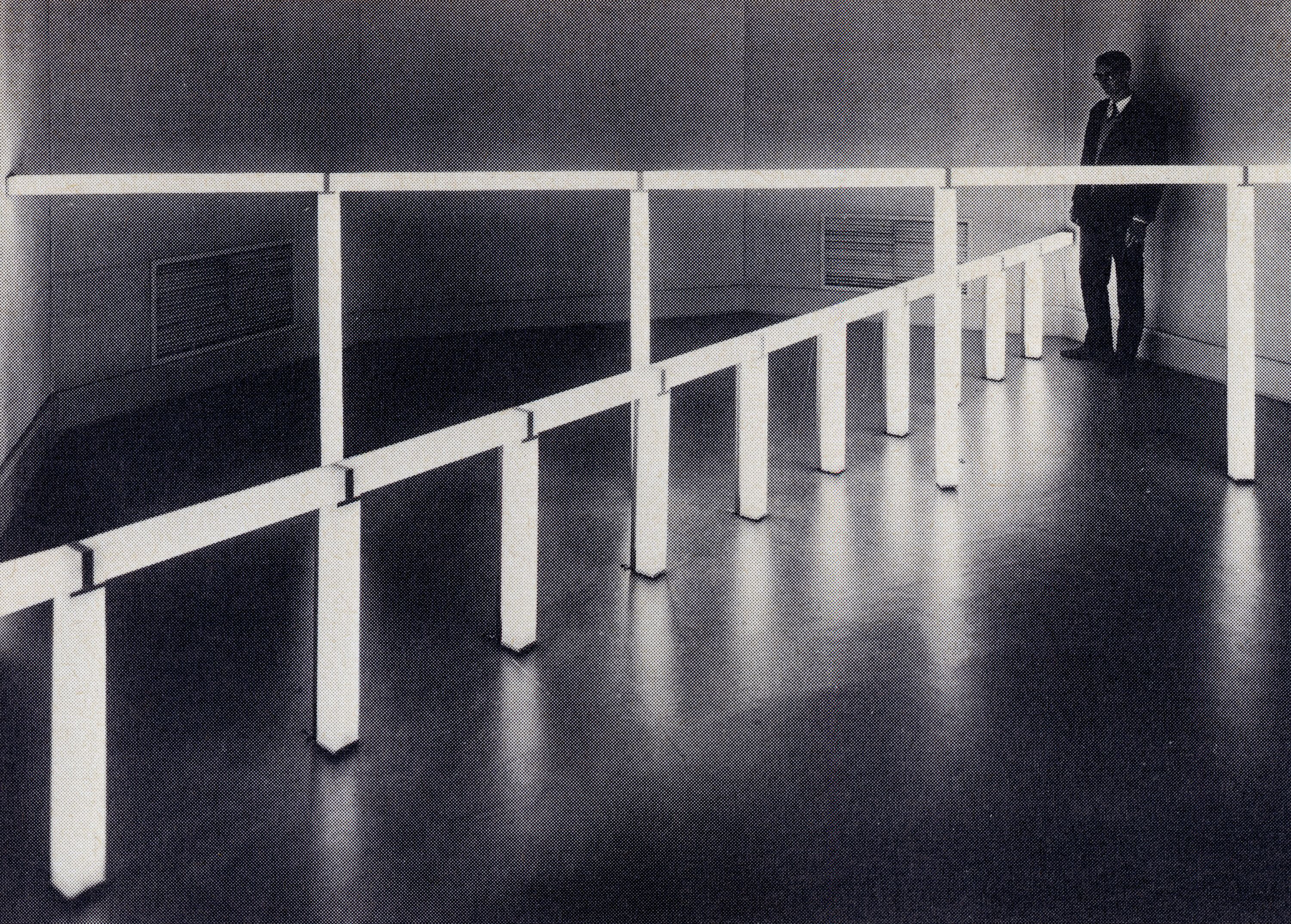 A photo of a work by Dan Flavin, titled greens crossing greens (to Piet Mondrian who lacked green), dated 1966.