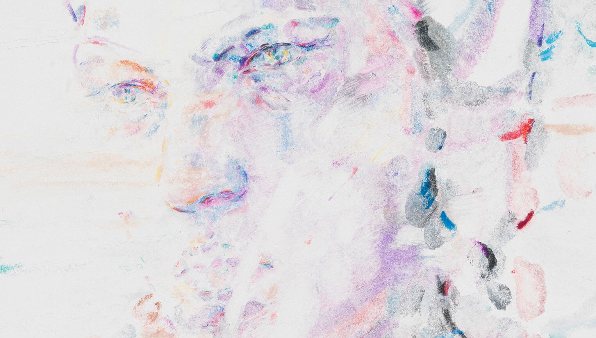 Detail of a painting by Elizabeth Peyton, titled "E (Casa Malaparte Self Portrait)," dated 2022