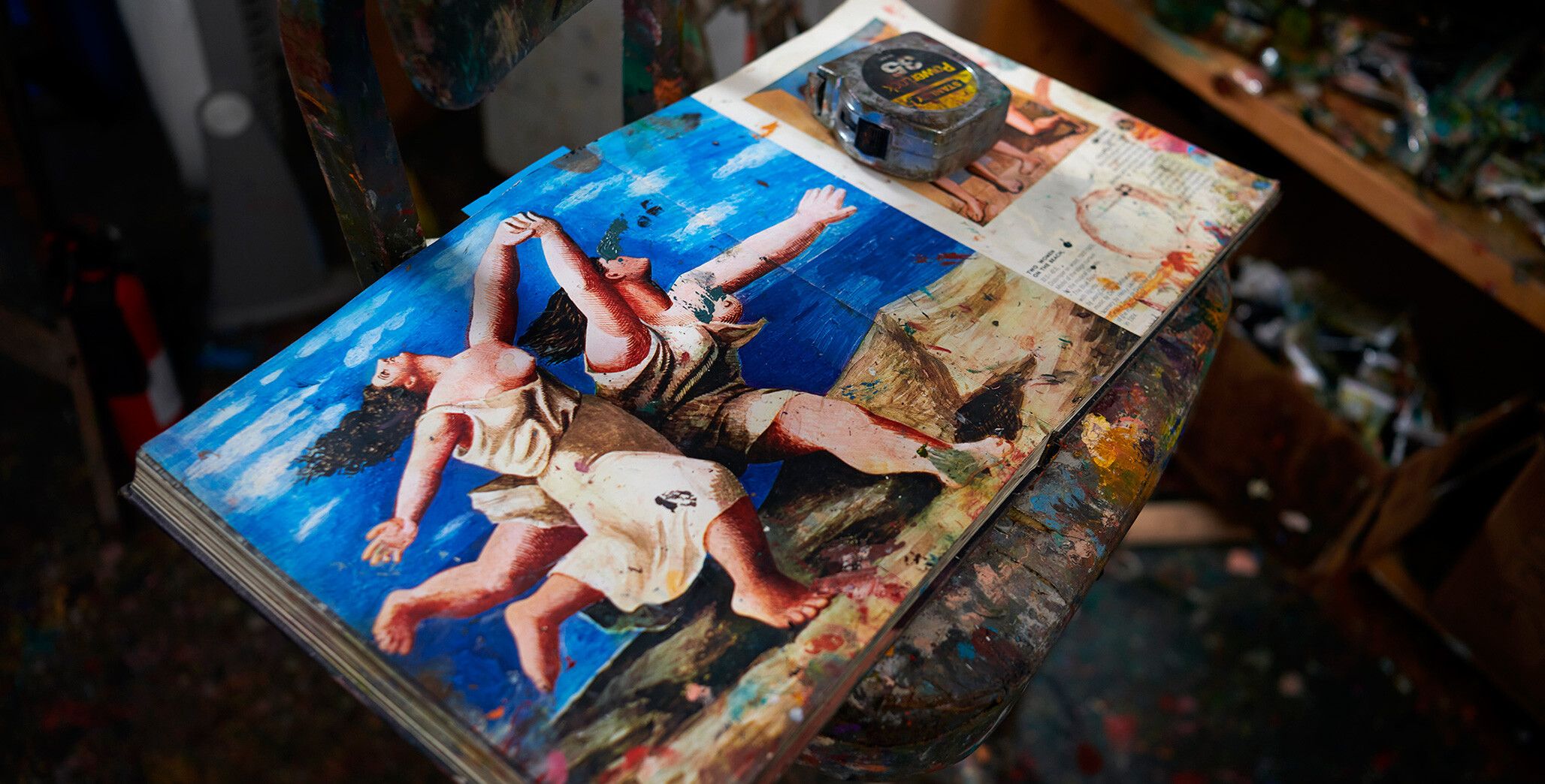 A photo of books in Dana Schutz' studio. Photo by Jason Schmidt.