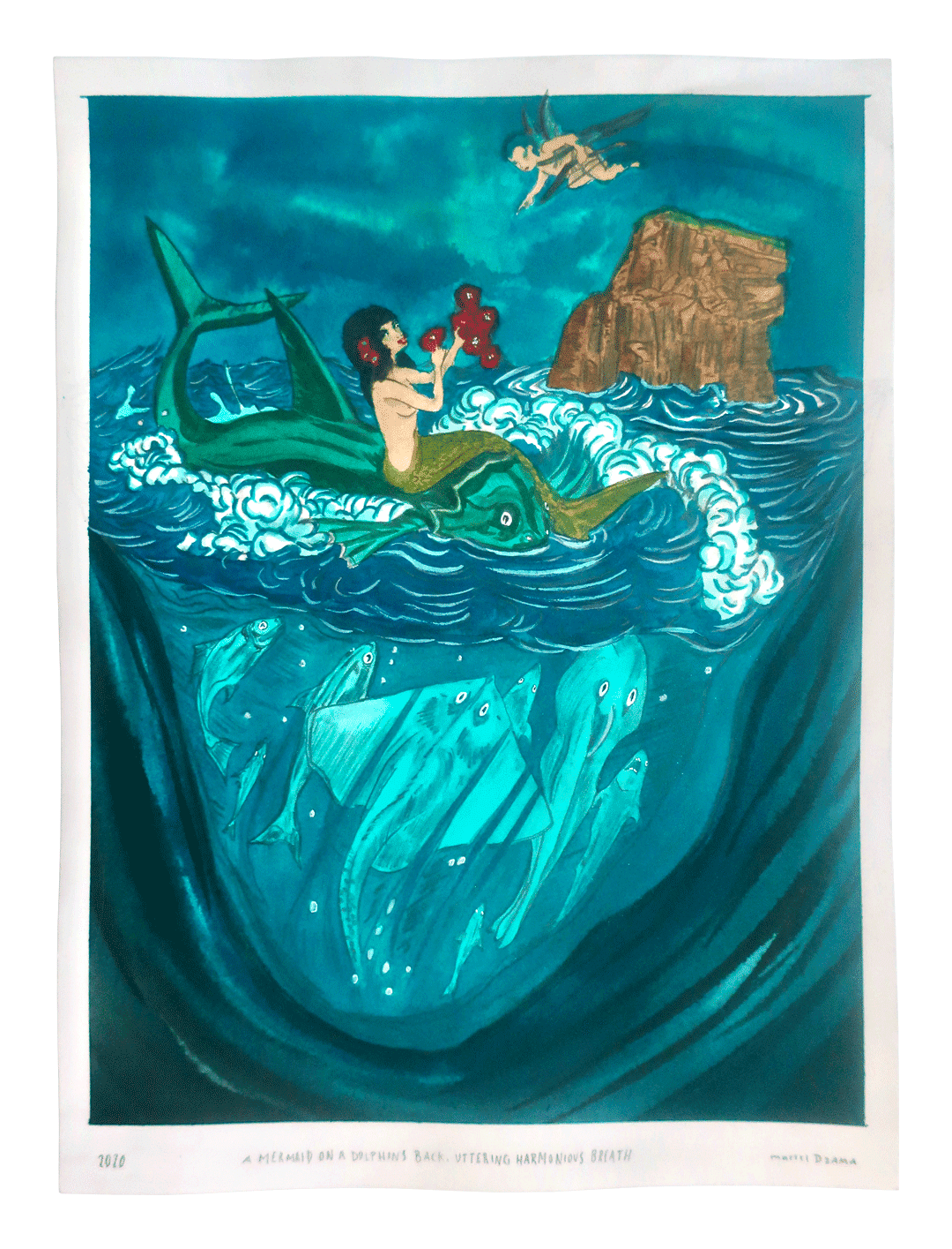 A work on paper by Marcel Dzama titled A mermaid on dolphins back uttering harmonious breath, dated 2020.