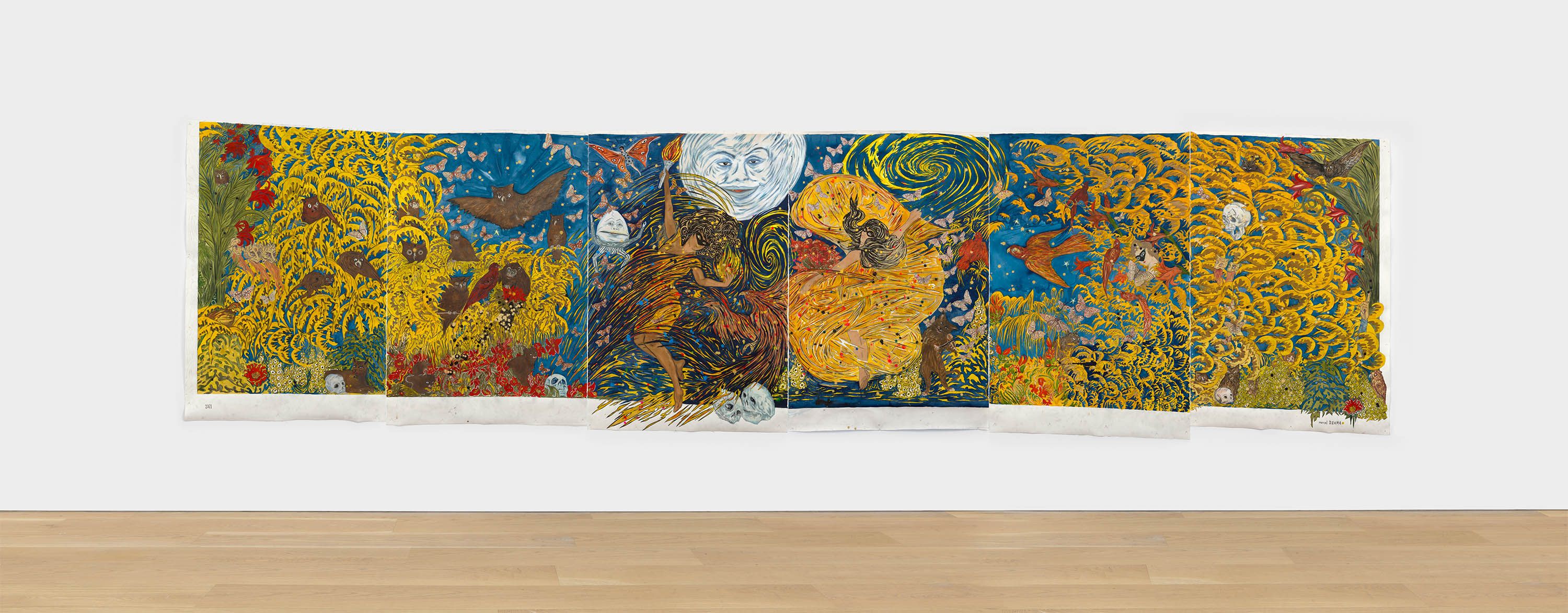 A mixed media artwork by Marcel Dzama, titled We dance like the fire on the bones of the liars and let truth rise from the ash (or Moon dance), dated 2021.